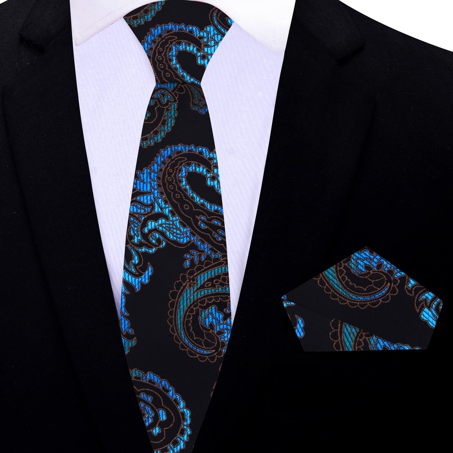 Thin Tie: Black, Teal Paisley Tie and Pocket Square