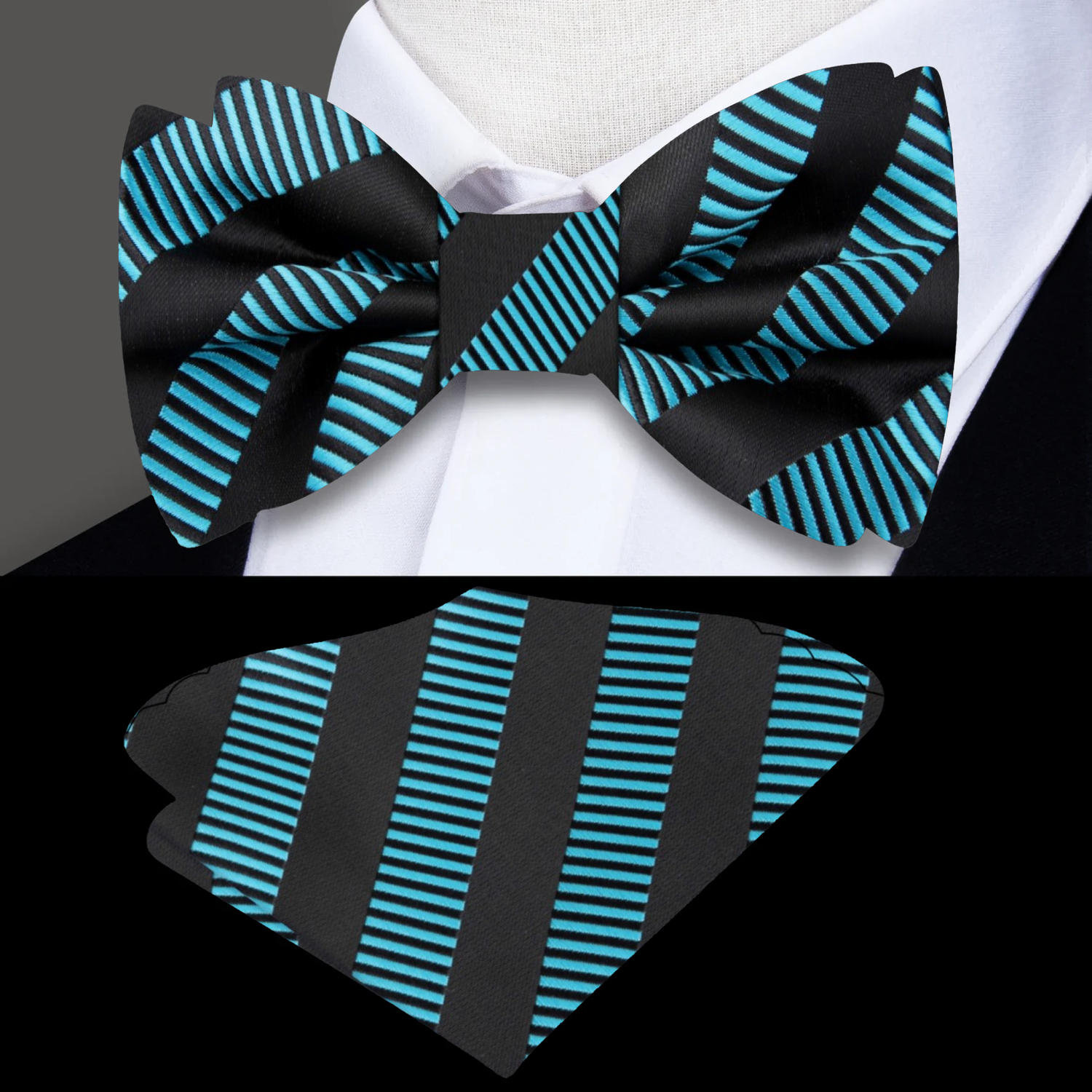 Black, Teal Lines Bow Tie and Pocket Square