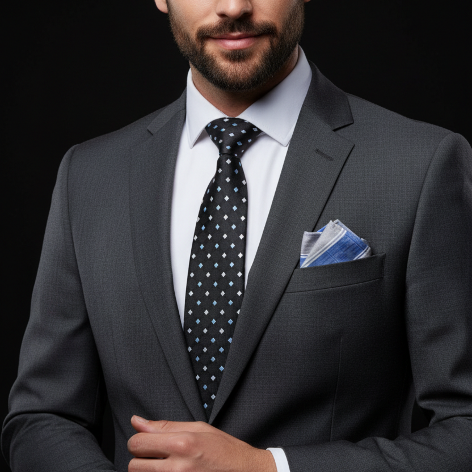 Man wearing a gray suit with a polka dot tie and blue handkerchief on a black background