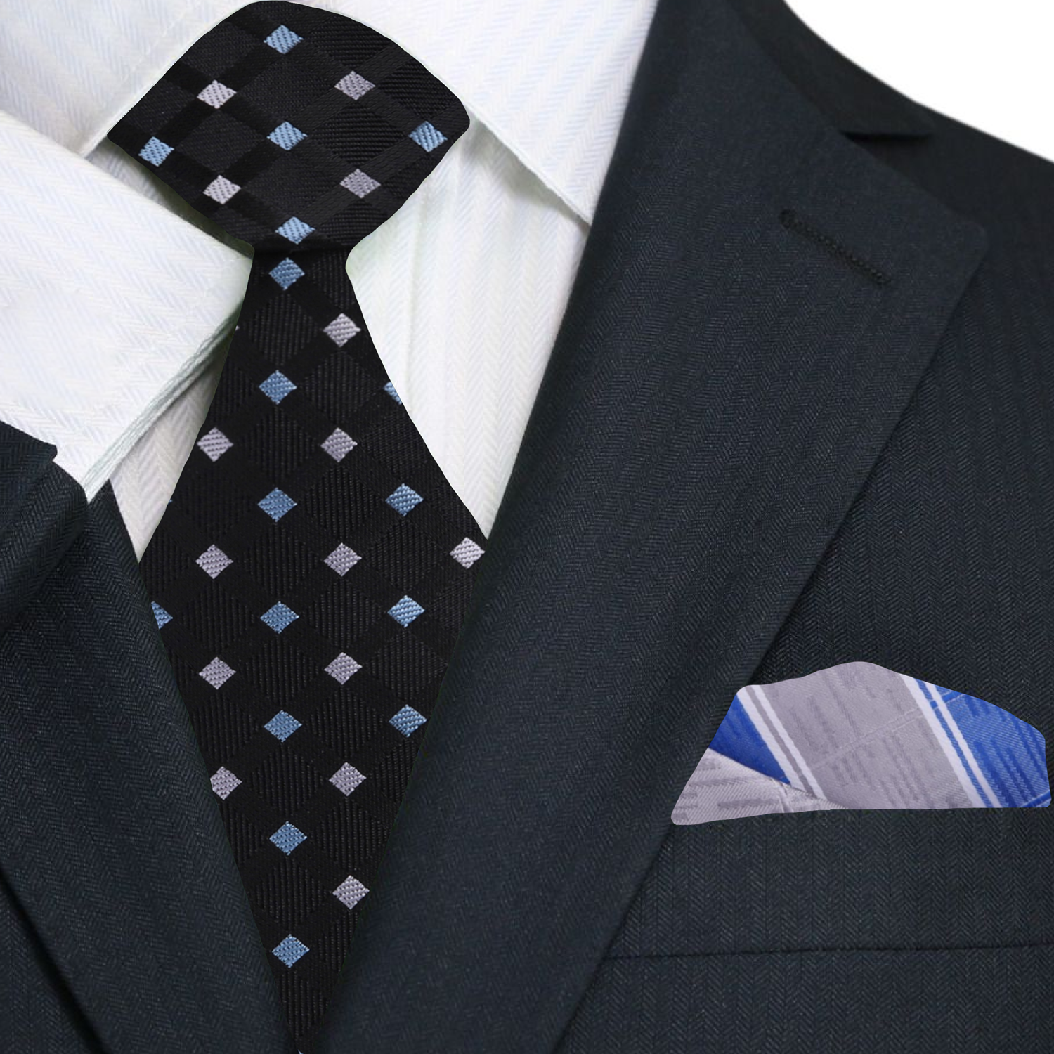 Black, Light Blue, Light Grey Diamonds Necktie and Accenting Square