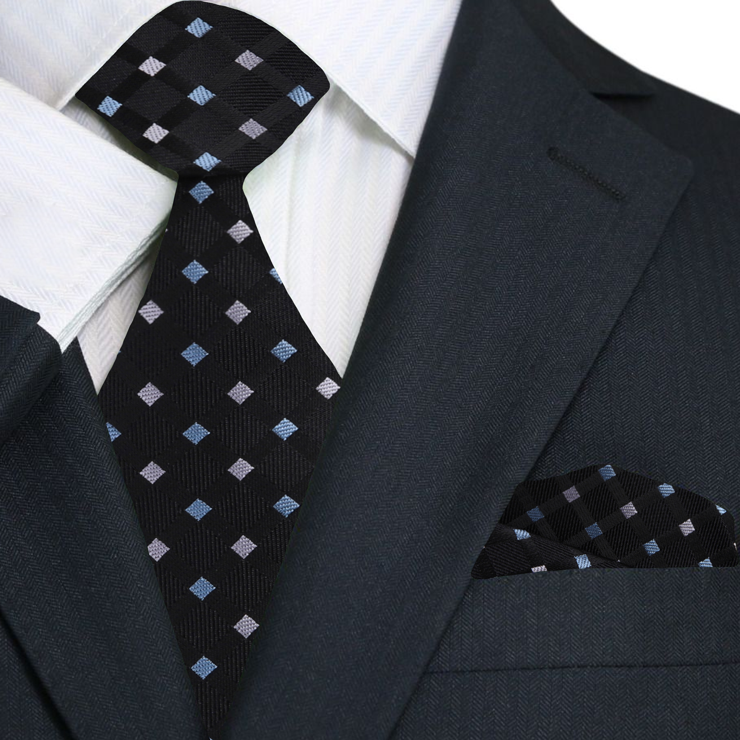 Black, Light Blue, Light Grey Diamonds Necktie and Square