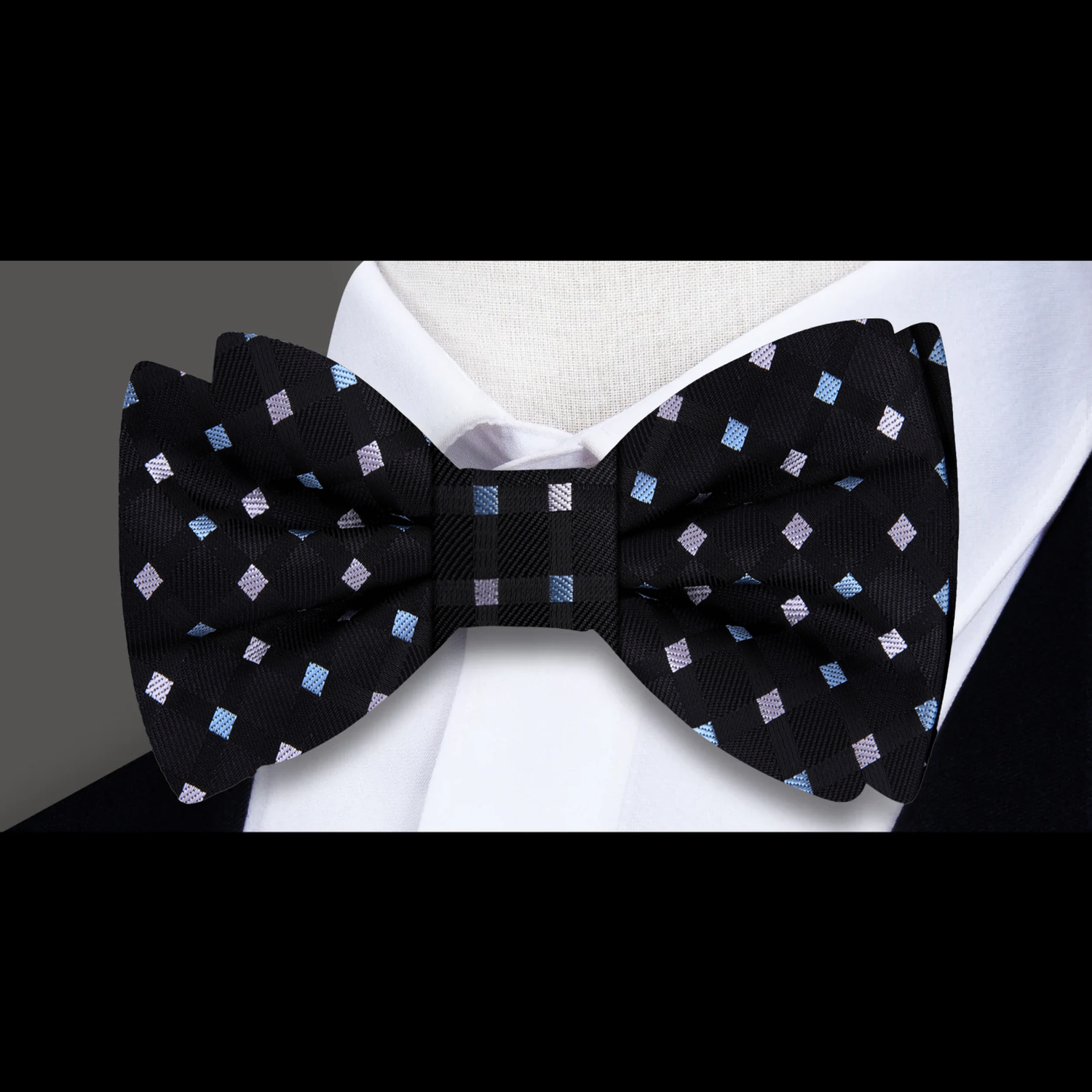 Black, Light Grey, Light Blue Diamonds Bow Tie 