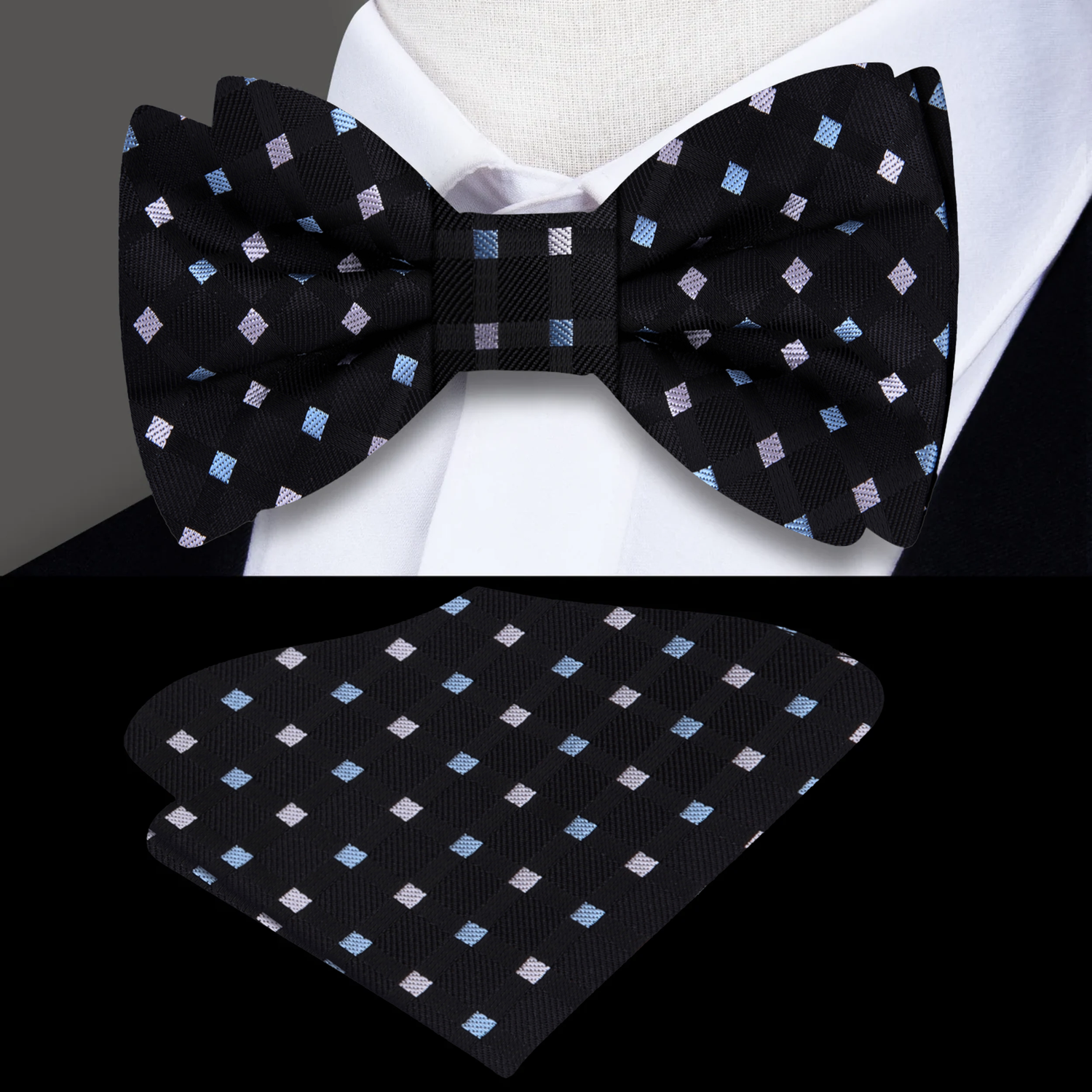 Black, Light Grey, Light Blue Diamonds Bow Tie and Square