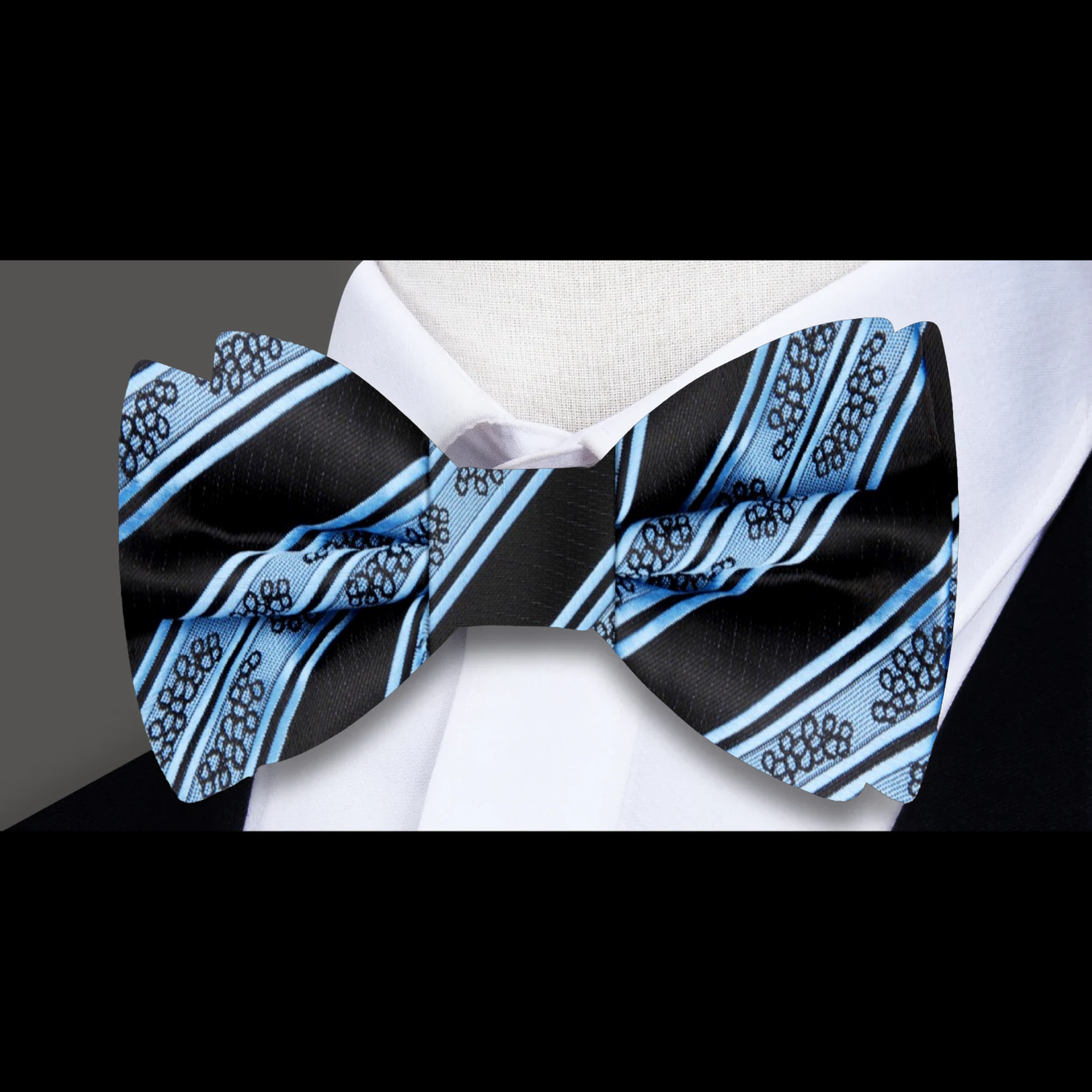 Black with Light Blue Intricate Design Bow Tie 