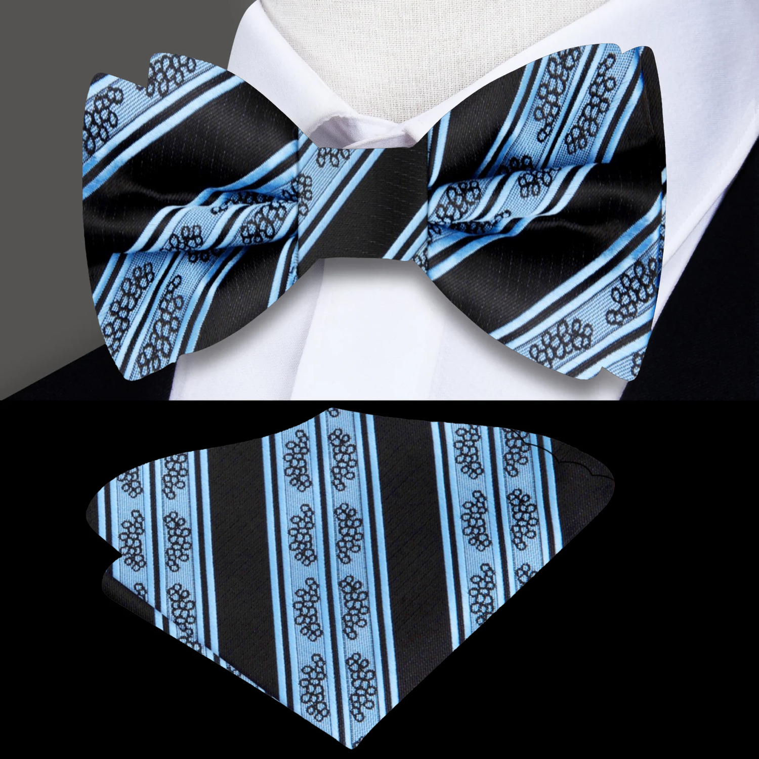 Black with Light Blue Intricate Design Bow Tie and Pocket Square.