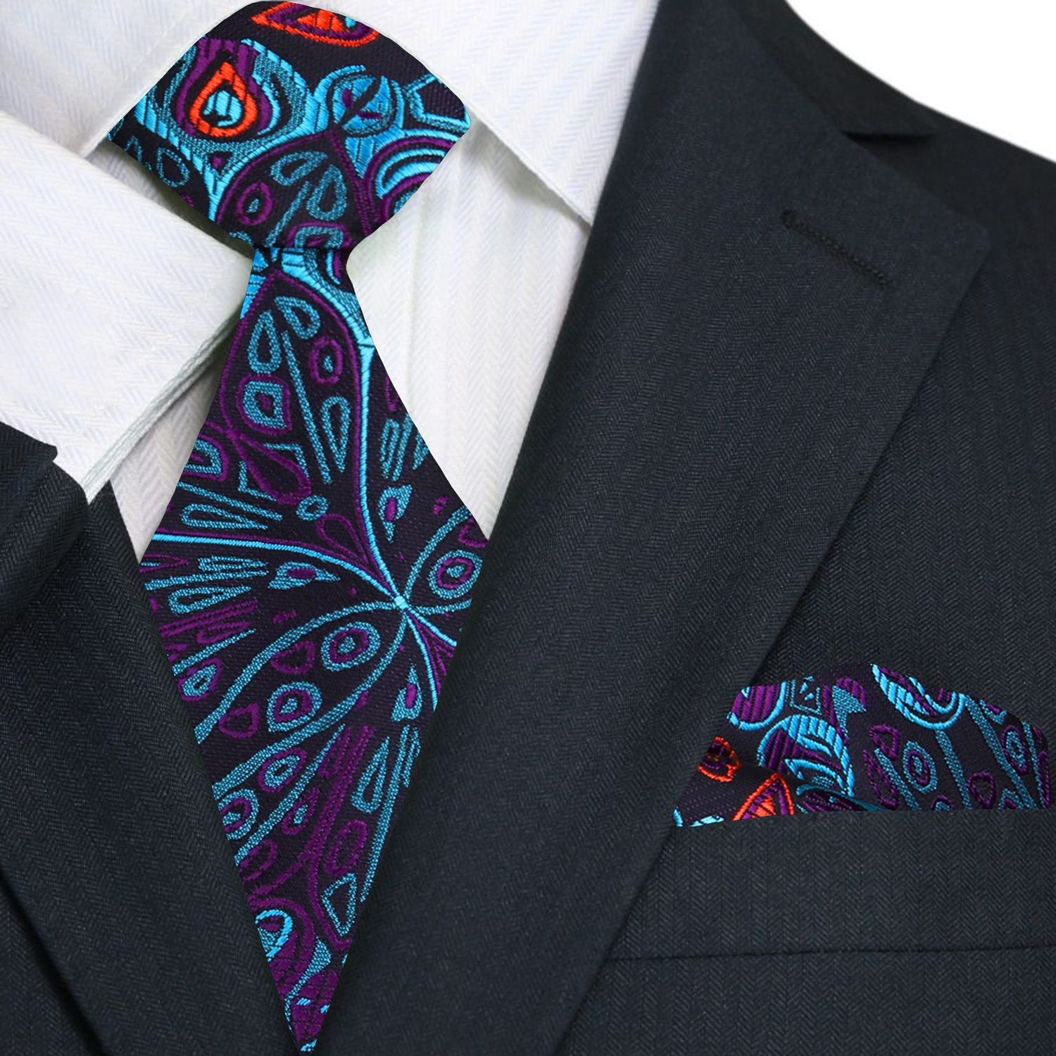 Primary A Teal, Orange, Purple Abstract Peacock Feather Pattern Necktie, Matching Pocket Square