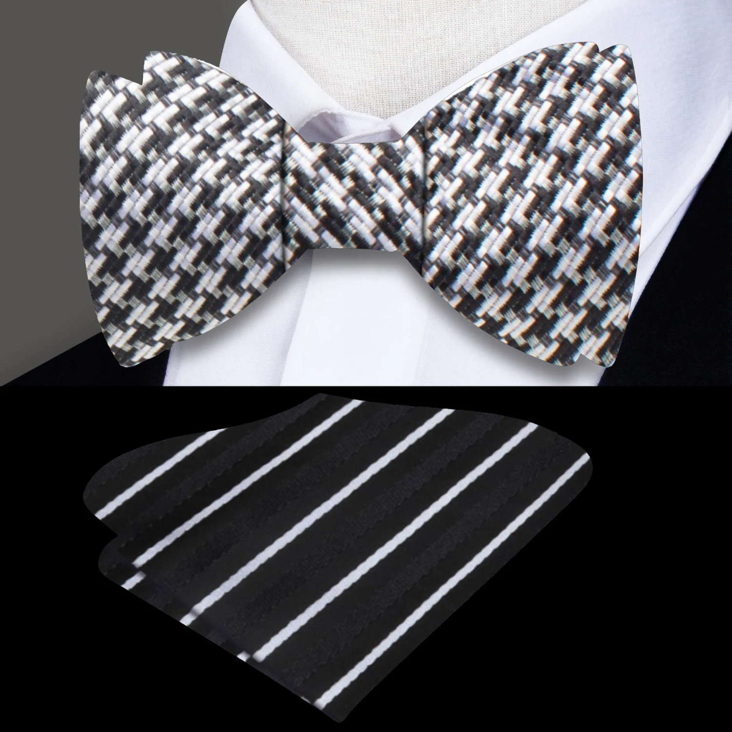 Black Light Grey Hounds Tooth Bow Tie and Accenting Square