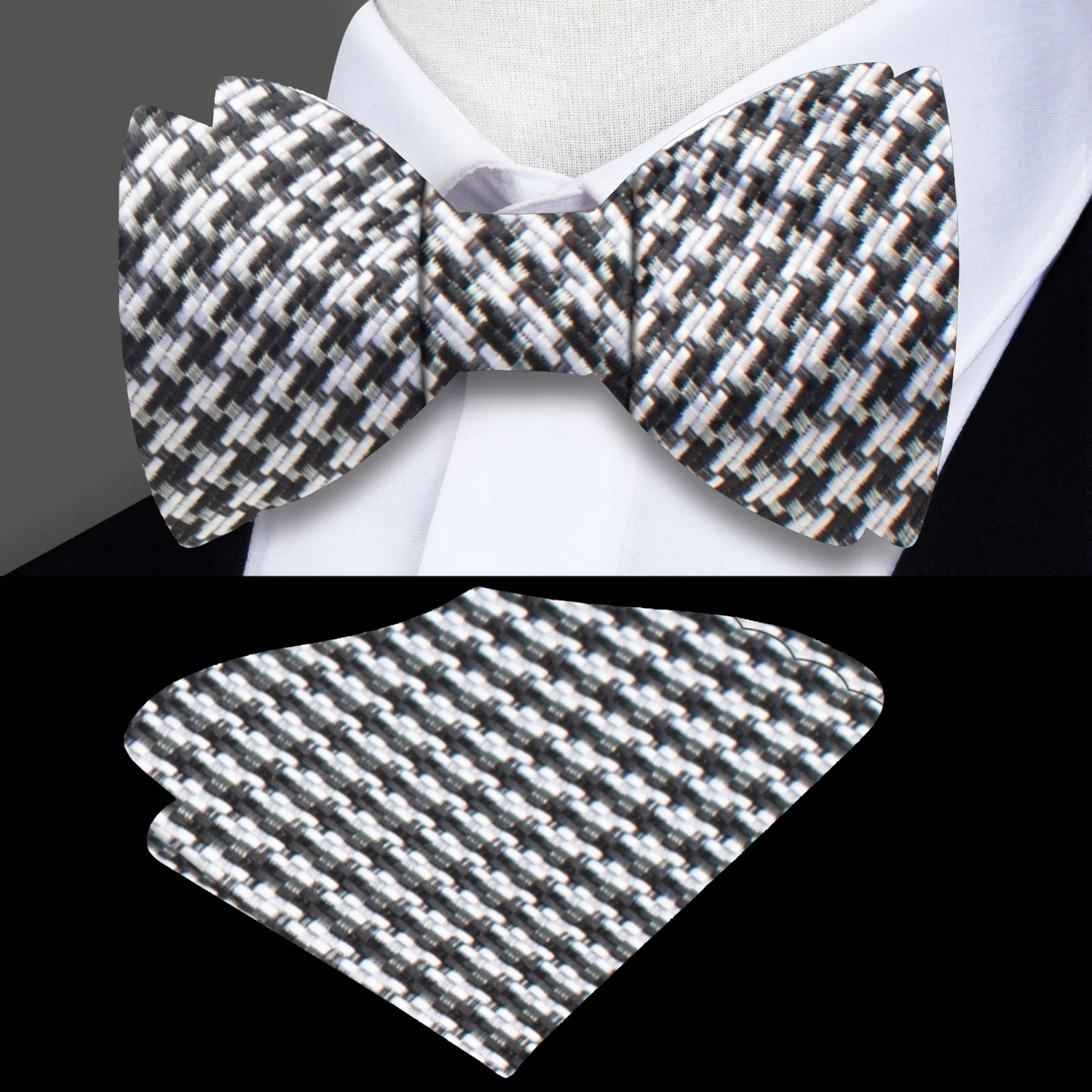 A Black, Grey Geometric Houndstooth Pattern Self Tie Bow Tie and Square