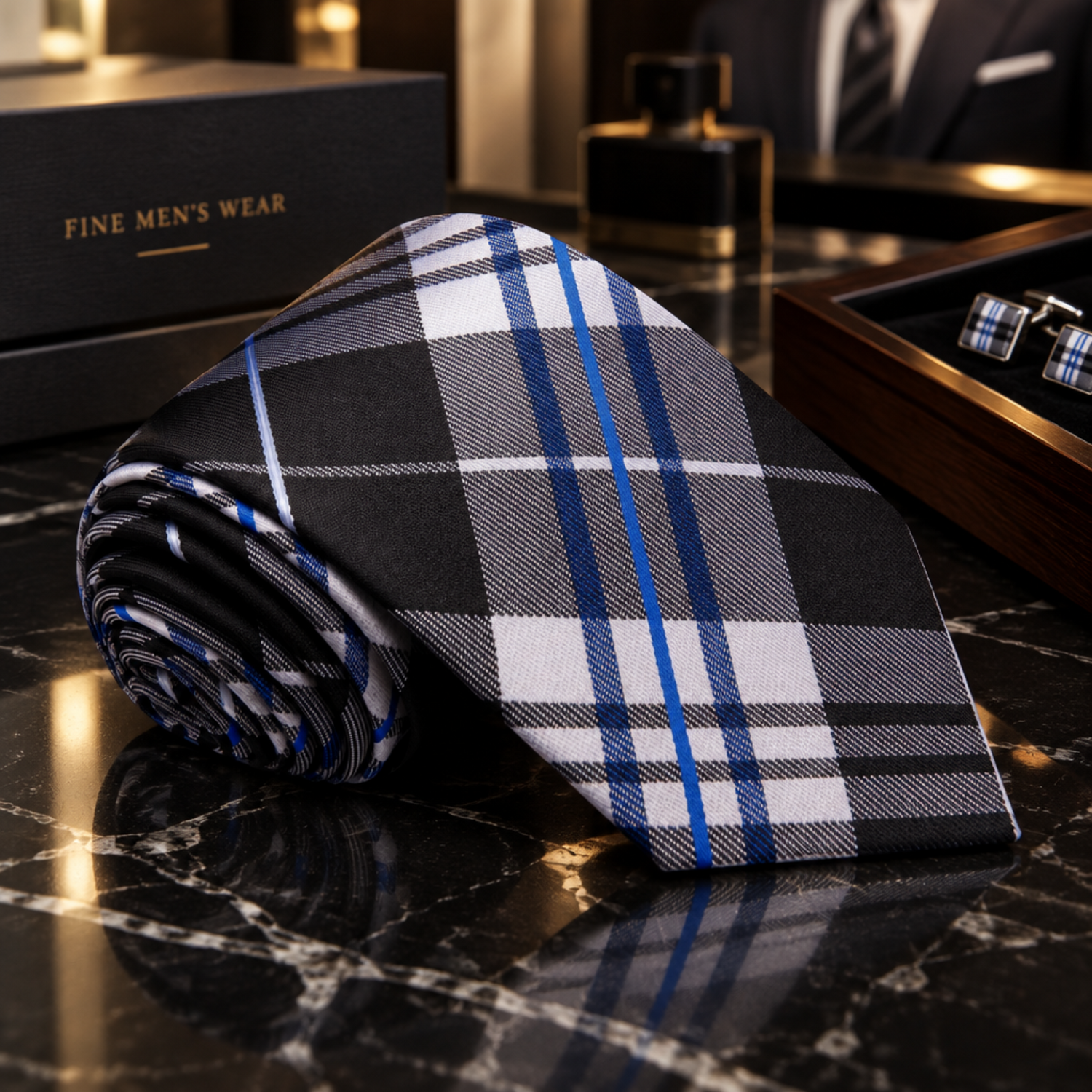A rolled necktie with a black, white, and blue plaid pattern displayed on a polished dark marble surface, alongside a branded FINE MEN'S WEAR box and matching accessories.