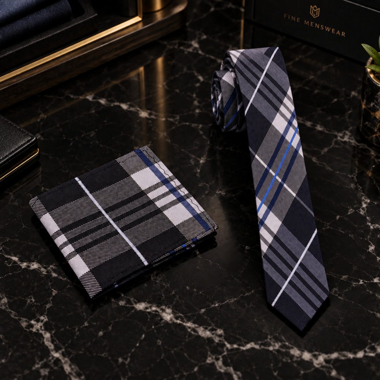 black plaid thin tie and square