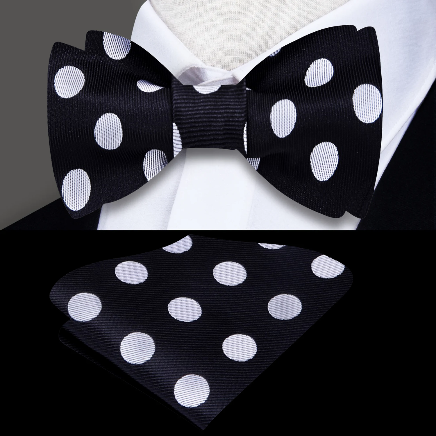 A Black, Light Grey Polka Pattern Silk Self Tie Bow Tie Bow Tie, Matching Pocket Square