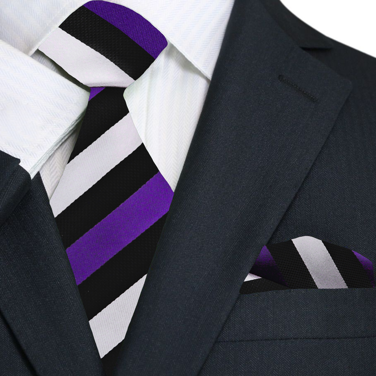 Main: Purple, Silver, Black Stripe Tie and Pocket Square||Purple, Black, Light Silver