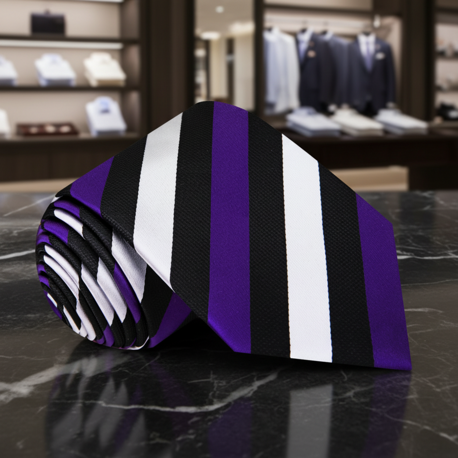 A rolled necktie with vertical stripes in purple, black, and white