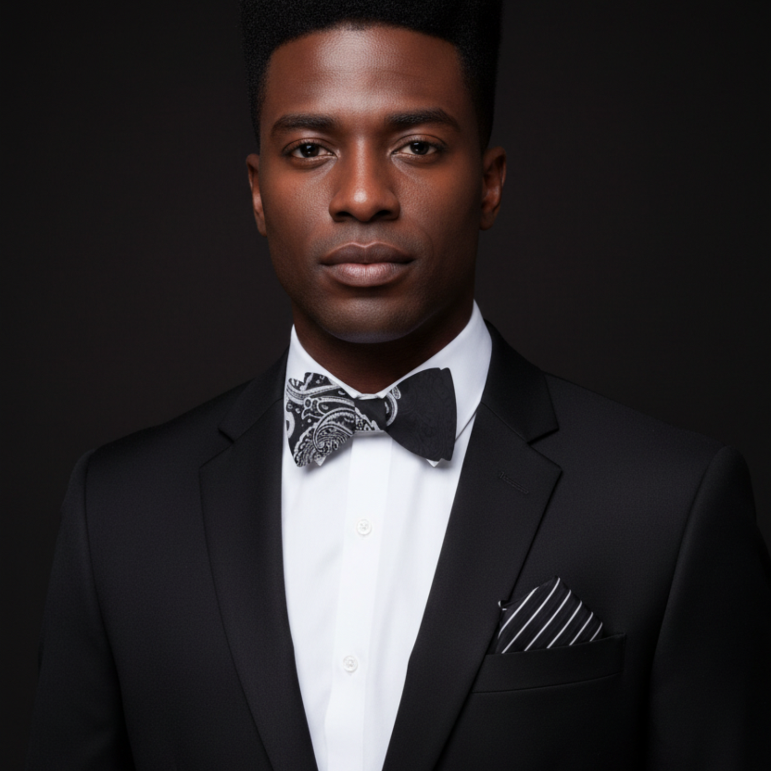 Man wearing a black suit with a white shirt and bow tie on a dark background