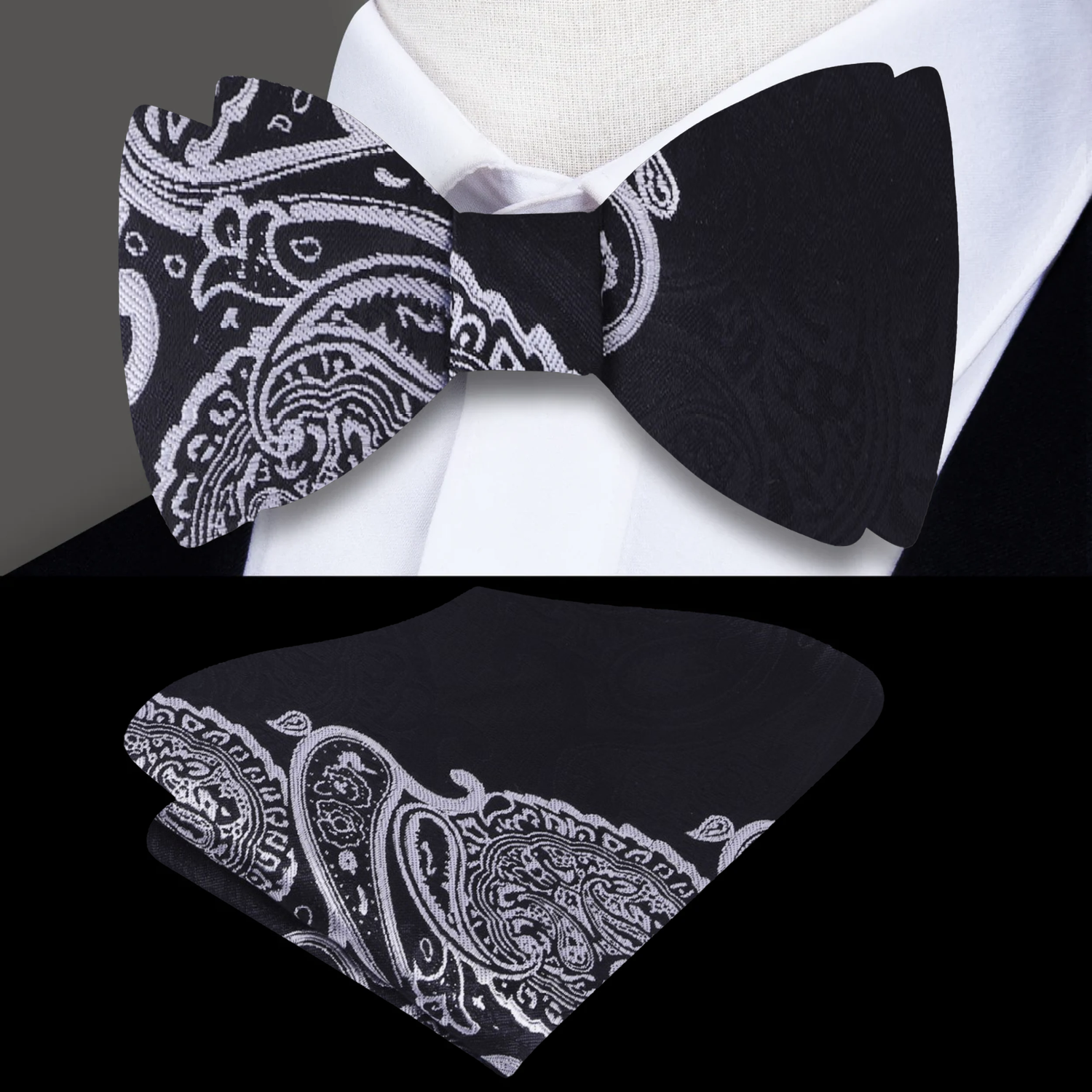 Black, Light Grey Paisley Bow Tie and Matching Square