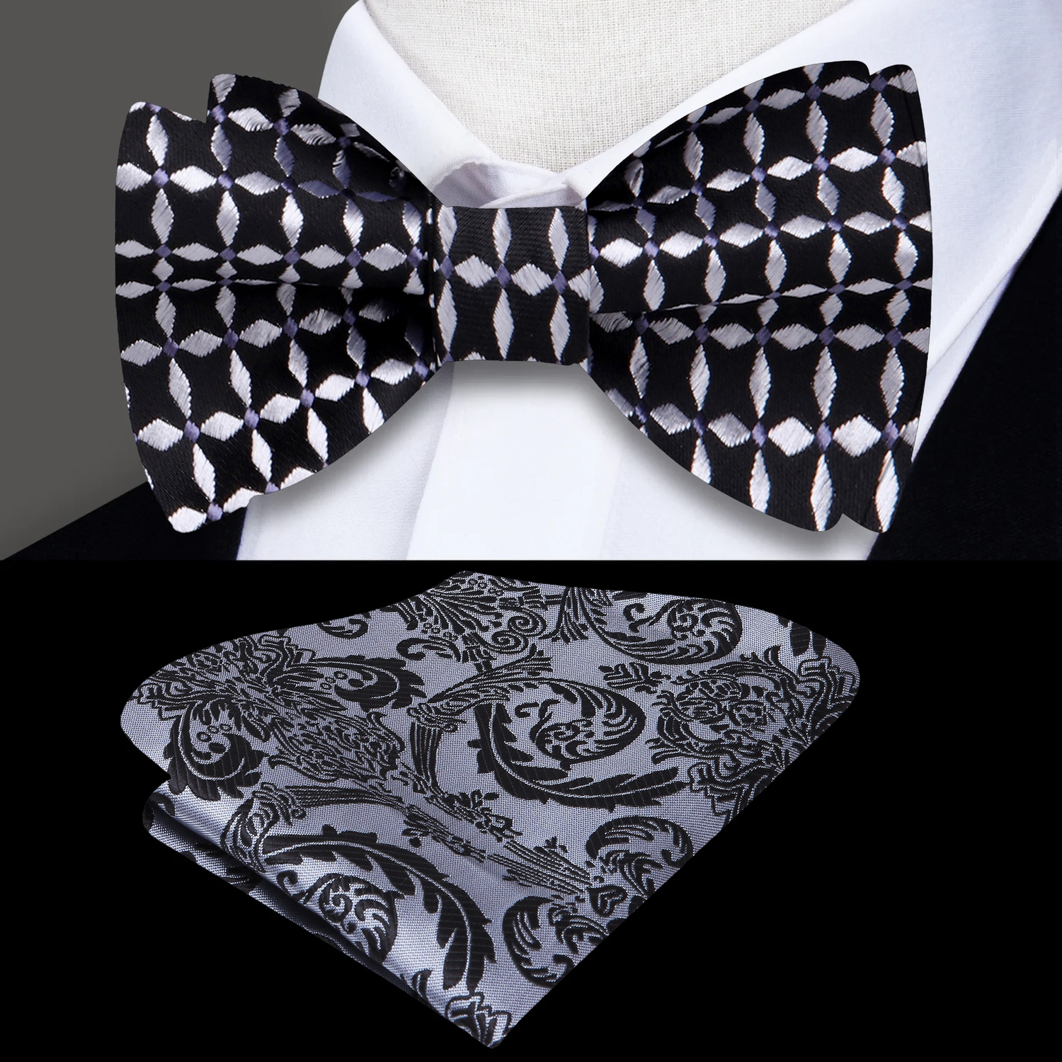 Black, Light Grey Geometric Bow Tie and Accenting Grey Black Square