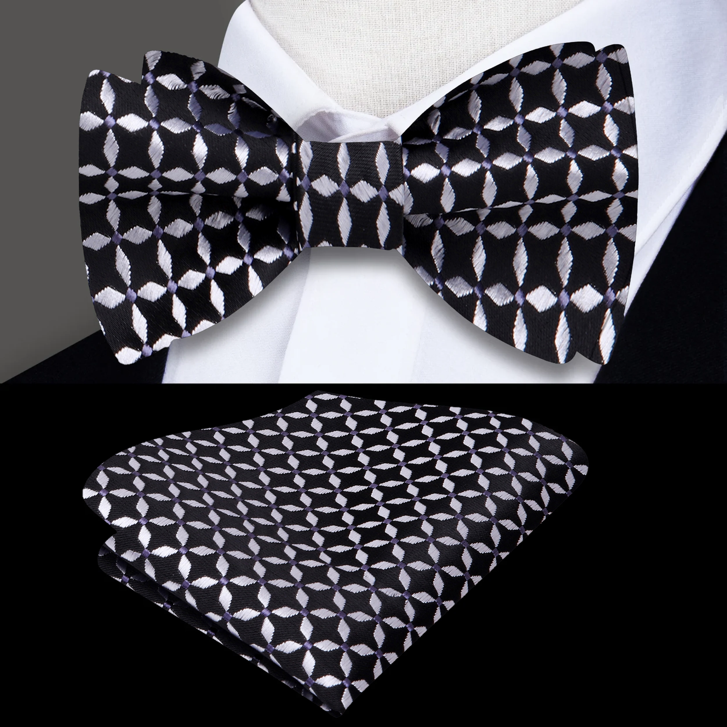 Black, Light Grey Geometric Bow Tie and Square