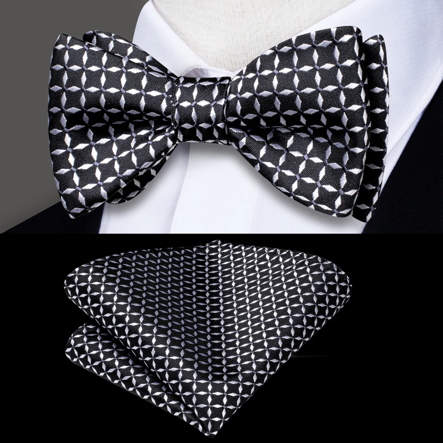 A Black With Grey Geometric X Pattern Silk Self Tie Bow Tie, Matching Pocket Square