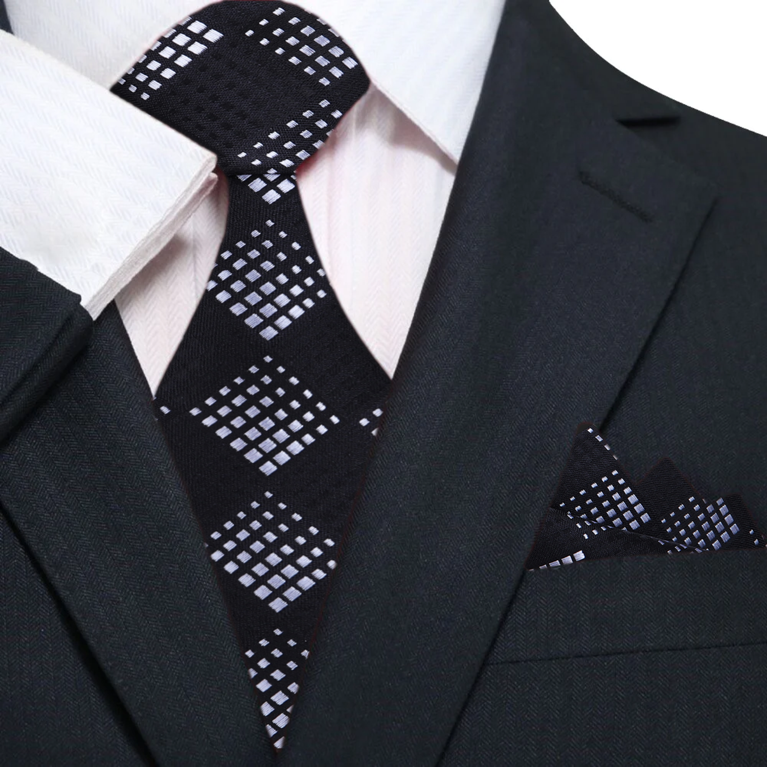 Main: A Black, White Geometric Diamond Pattern Silk Necktie, Matching Pocket Square||Black, Grey