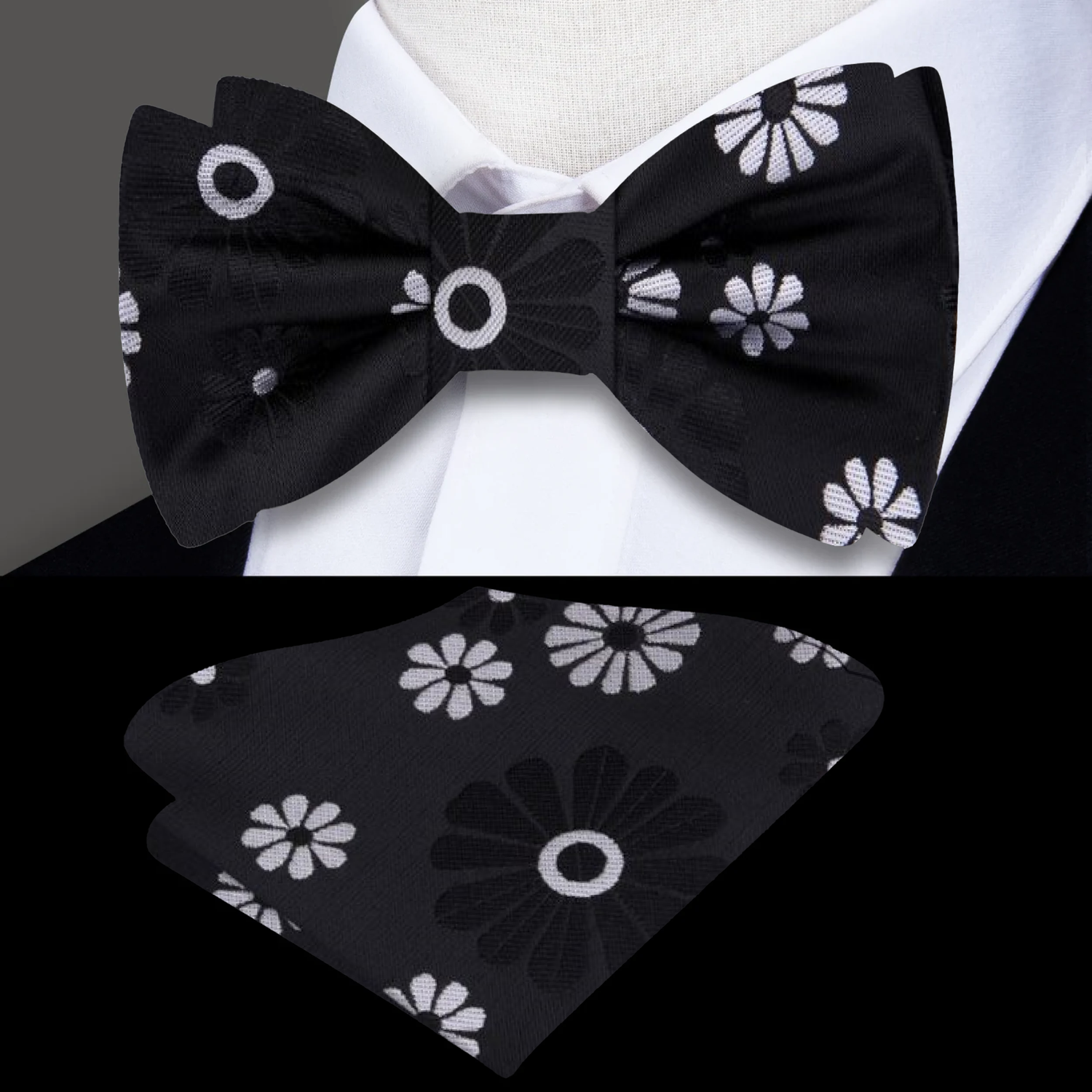 Black, Grey Cactus Flower Bow Tie and Square||Black, Grey