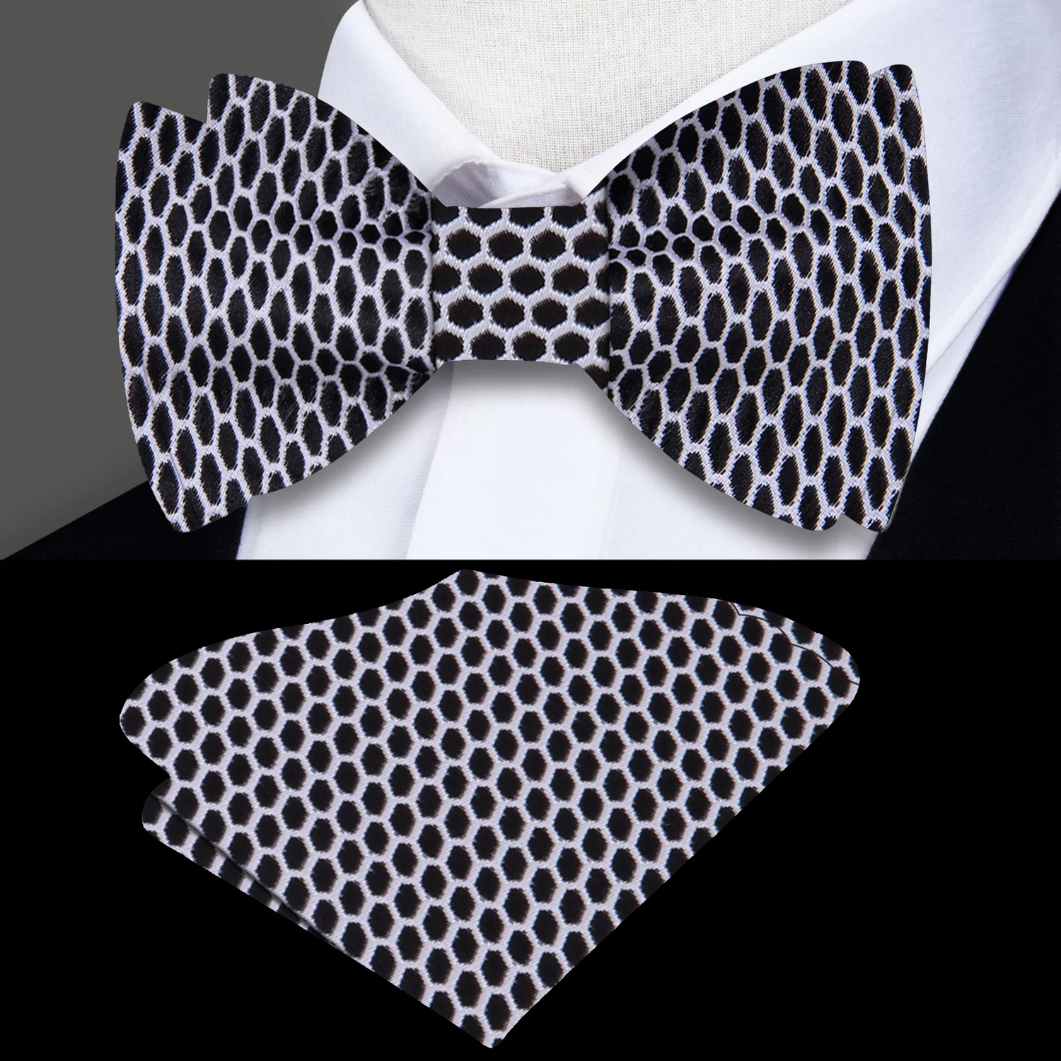 Main View: Black, Light Grey Geometric Bow Tie and Pocket Square