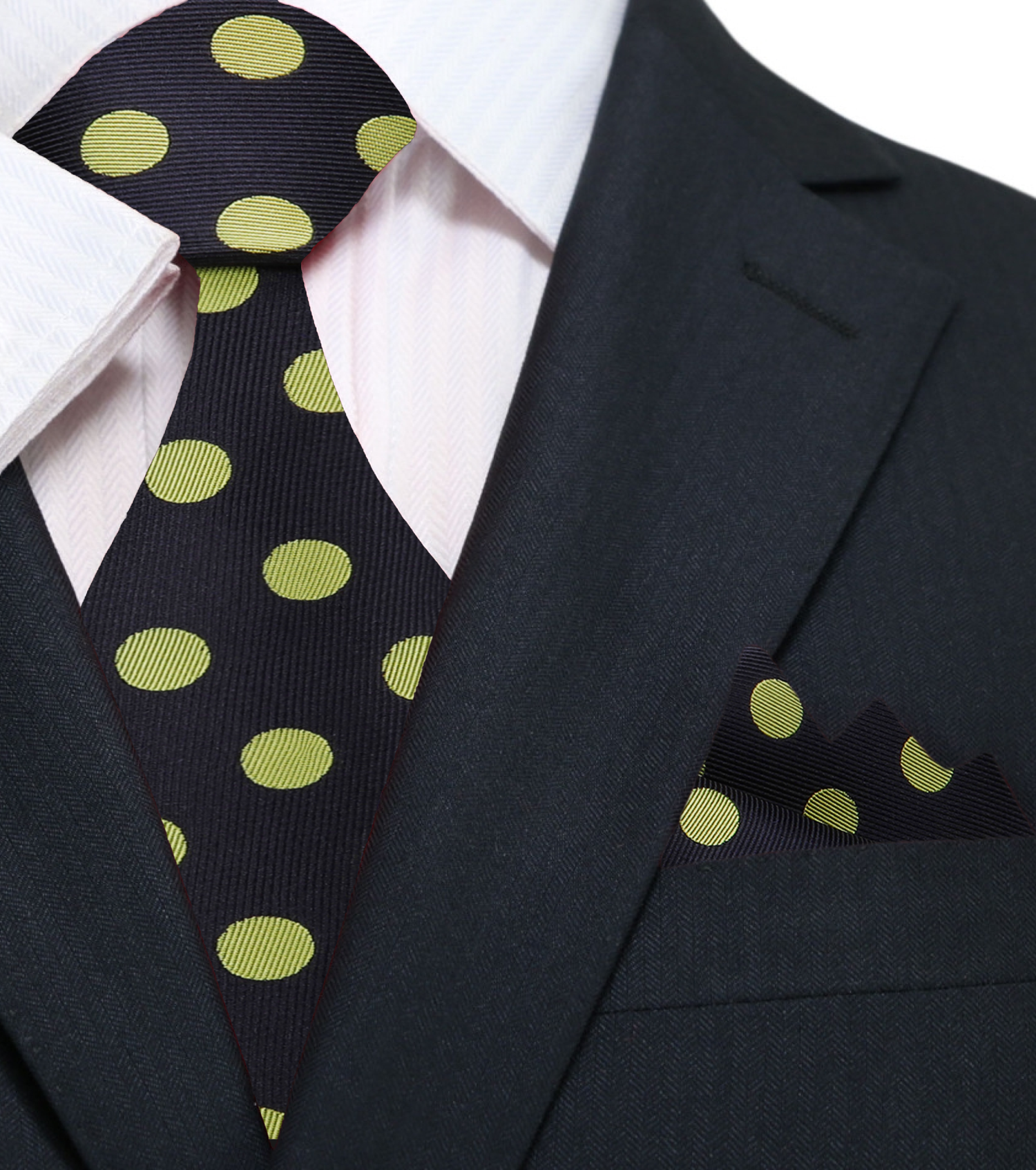 Main: A Black, Yellow Polka Dot Pattern Silk Necktie, Matching Pocket Square