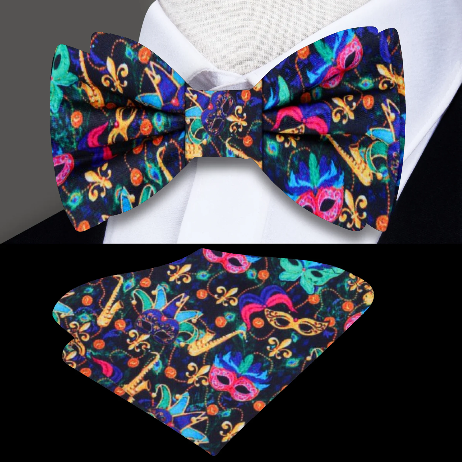 Black, Blue, Pink, Yellow, Purple Mardi Gras Masks Bow Tie and Square