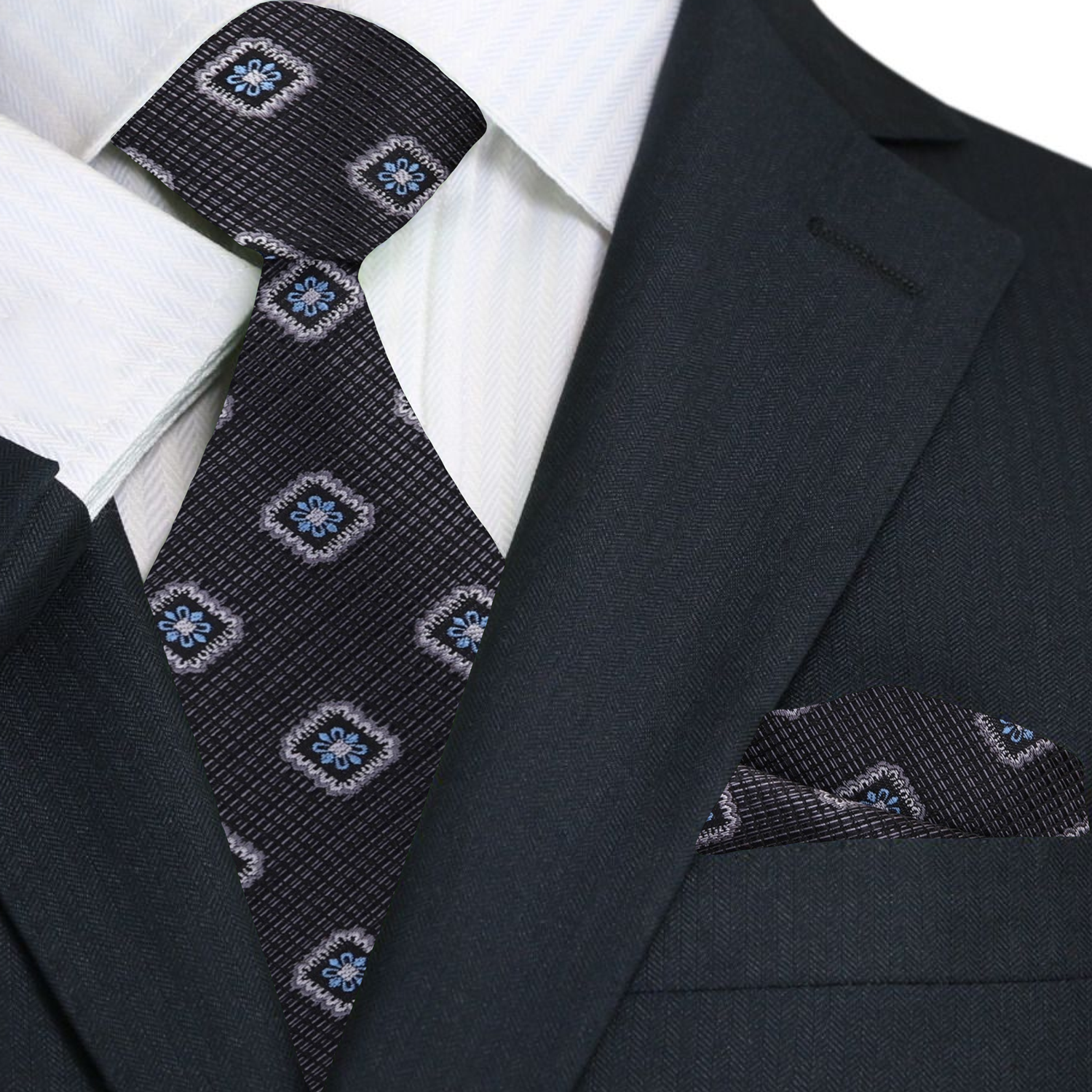 Premium Black Geometric Medallion Tie and Pocket Square