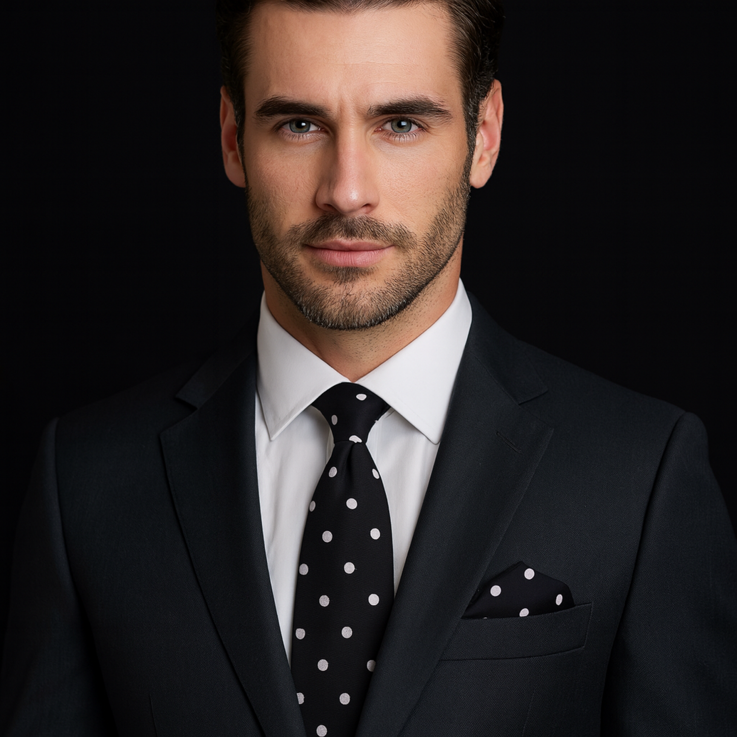 Man wearing a black suit with a polka dot tie and pocket square on a dark background