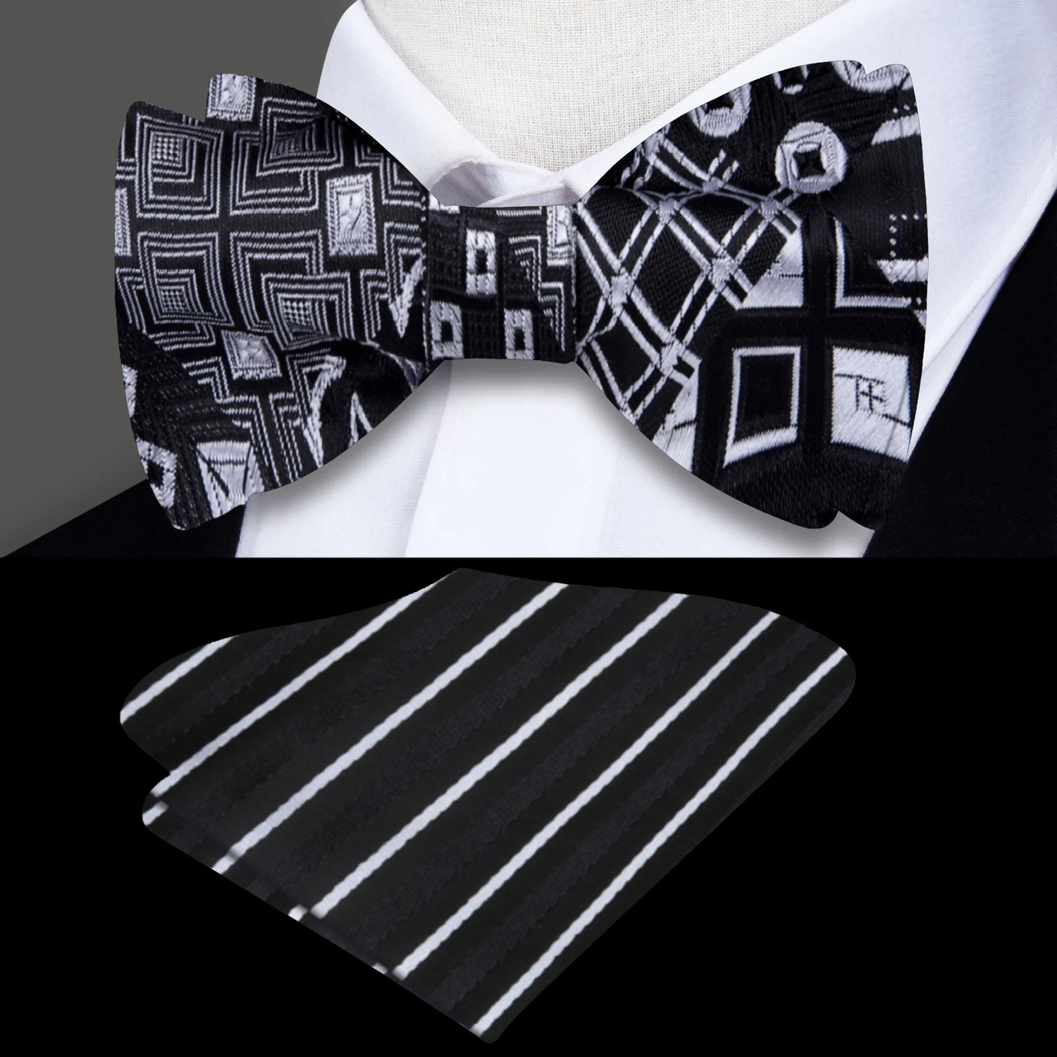 Black, Grey Abstract Bow Tie with Accenting Black and White Stripe Pocket Square