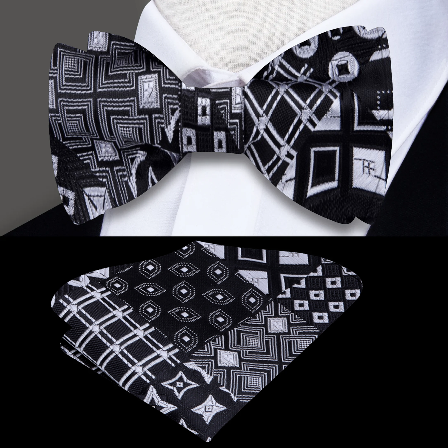 Black, Grey Abstract Bow Tie with Accenting Black and Pocket Square