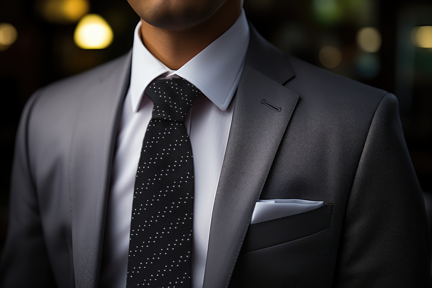 Black with White Dot Necktie and White Square On Man Wearing Grey Suit