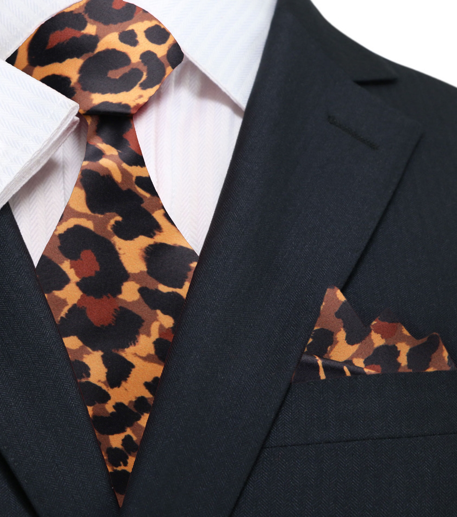 Main: Orange, Black Cheetah Print Tie and Square||Brown