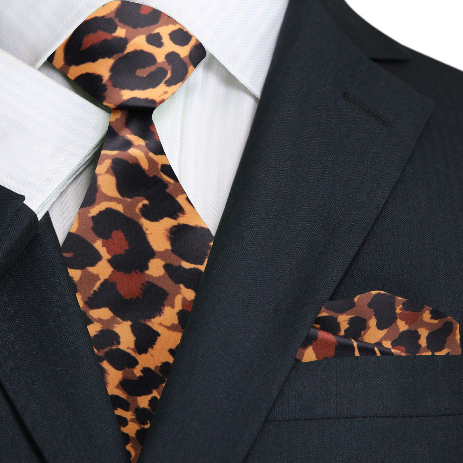 Cheetah print tie and pocket square with a black suit jacket. Main View