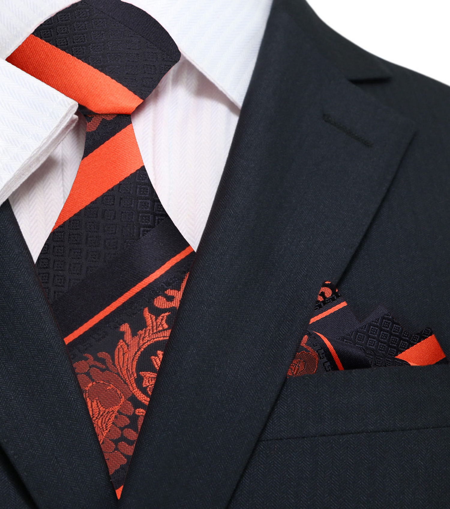 Main: Black, Orange Cadenza Floral Tie and Pocket Square