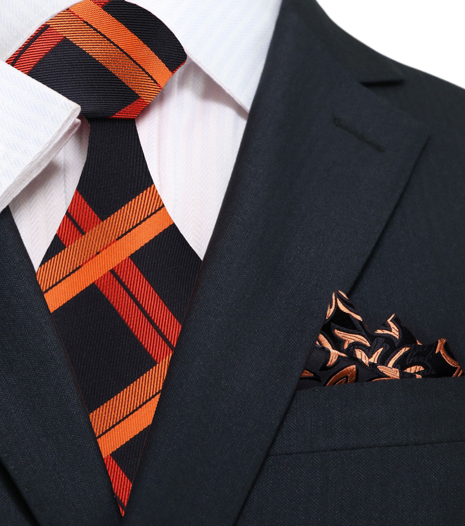 Black, Orange Plaid Necktie and Accenting Square