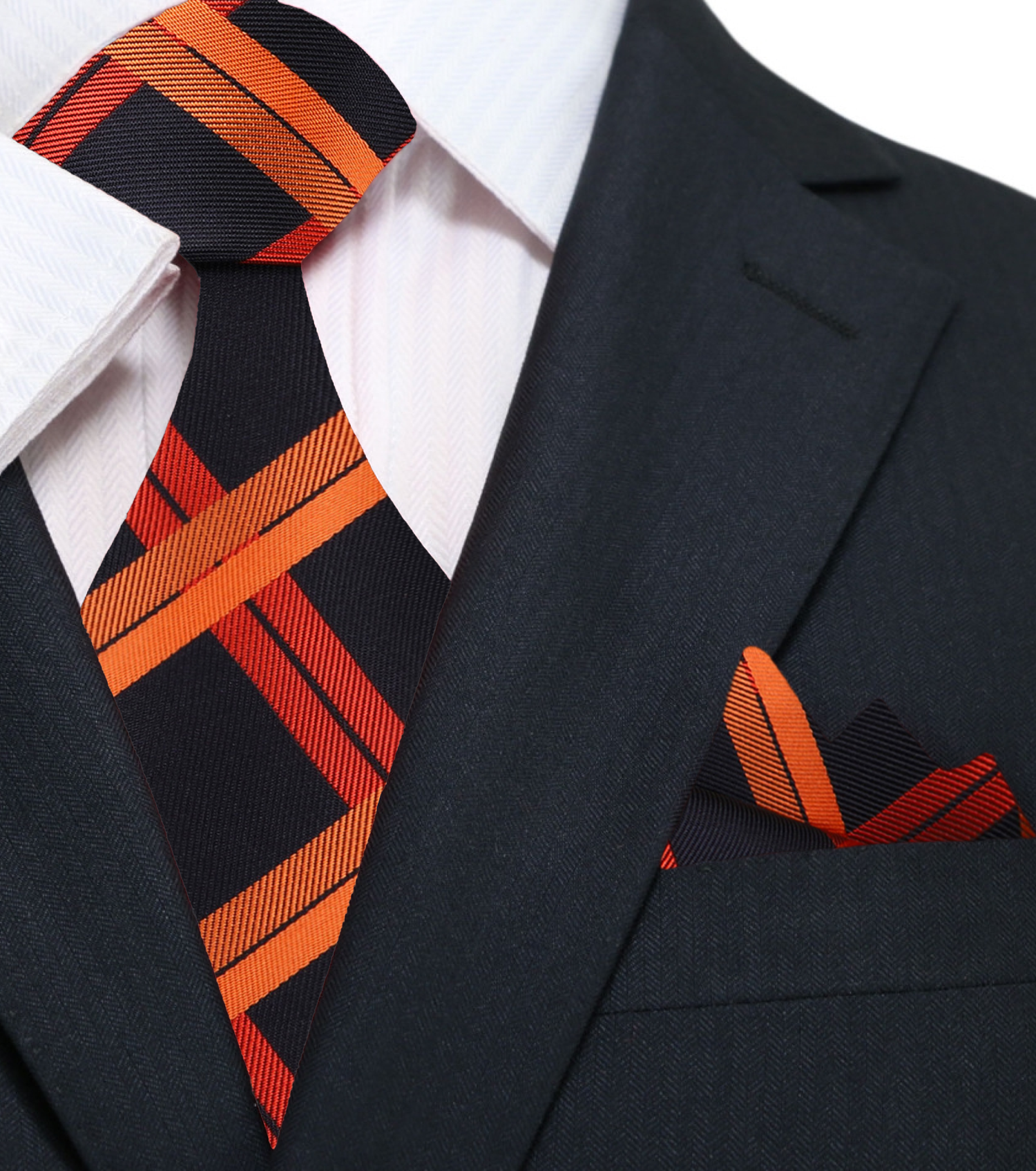 Black, Orange Plaid Necktie and  Square