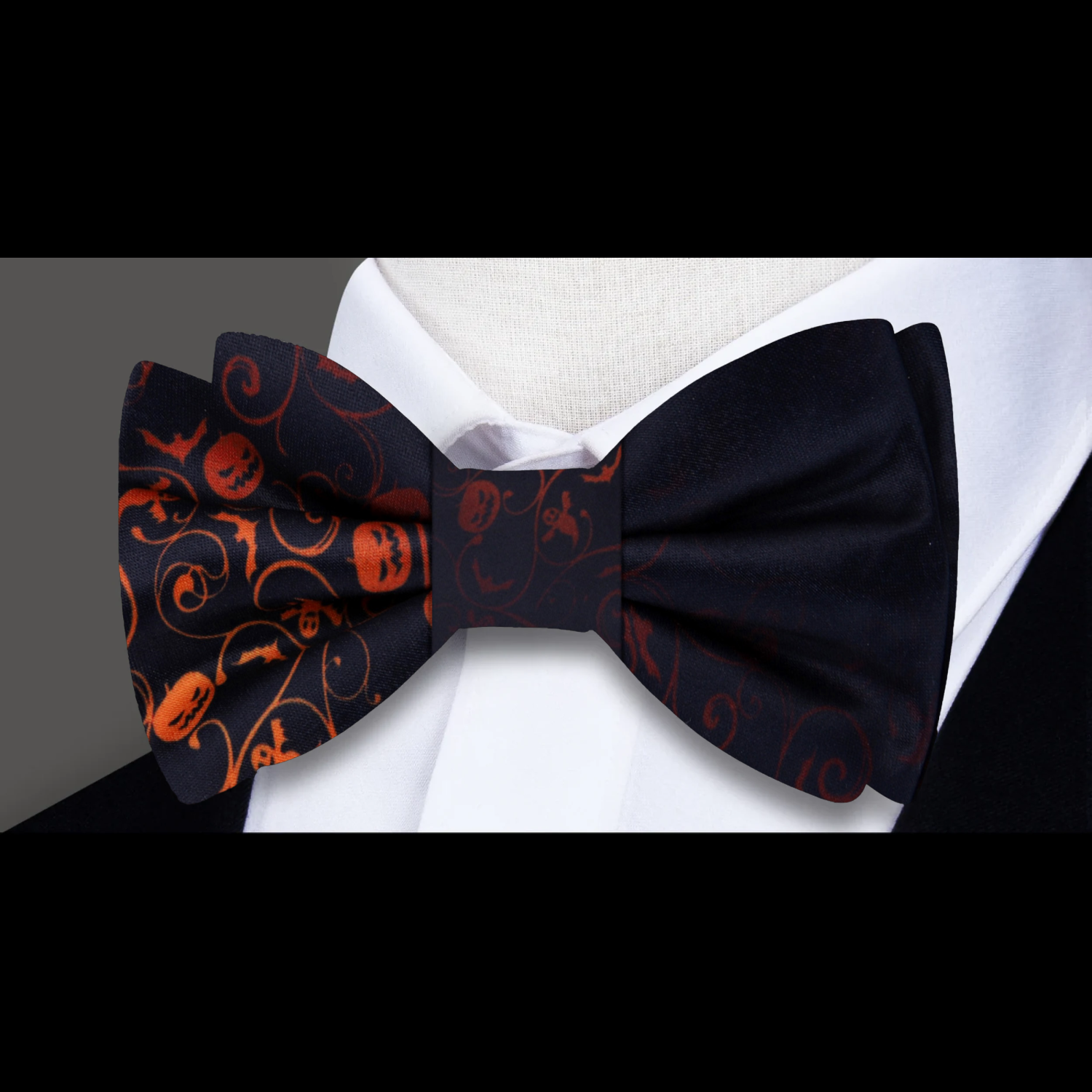 Black, Orange Vines Connecting Bats, Ghosts, And Jack-O-Lanterns Bow Tie