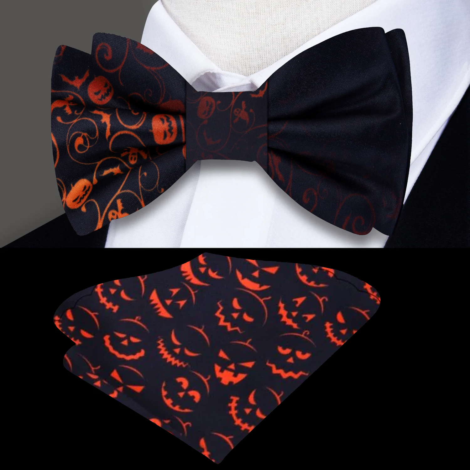 Black, Orange Vines Connecting Bats, Ghosts, And Jack-O-Lanterns Bow Tie And Accenting Pocket Square