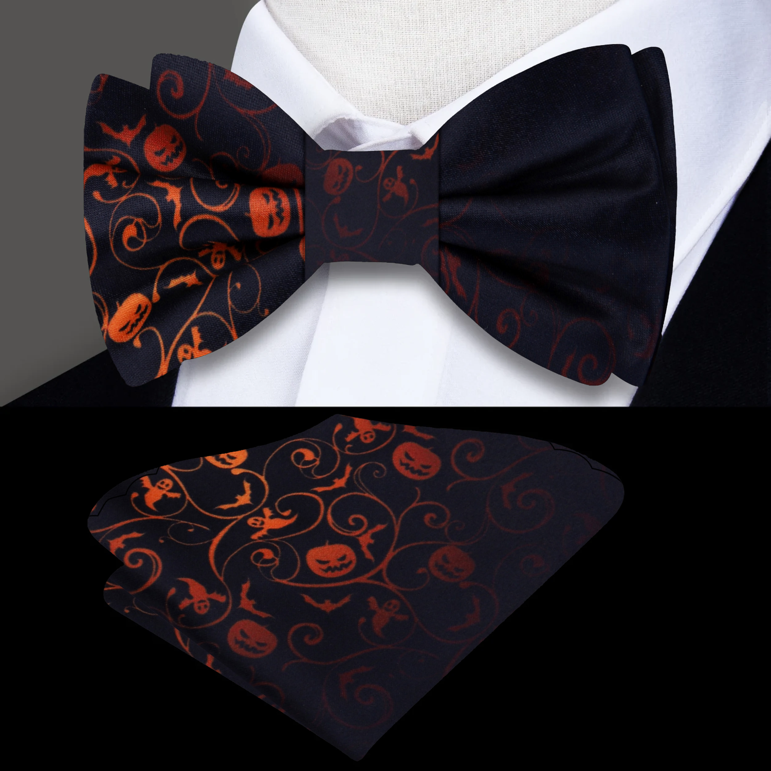 Black, Orange Vines Connecting Bats, Ghosts, And Jack-O-Lanterns Bow Tie And Pocket Square