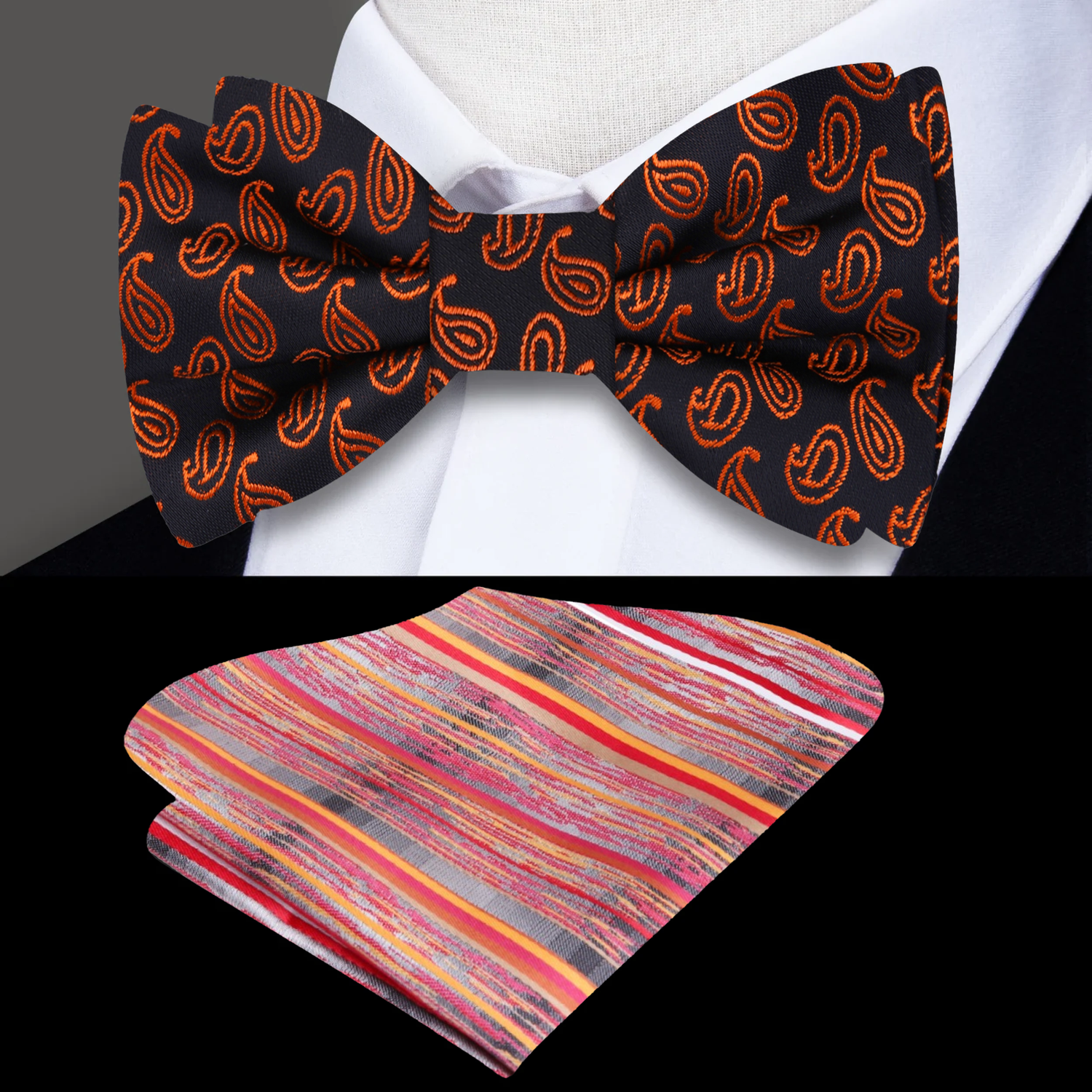 Black Orange Paisley Bow Tie and Accenting Square