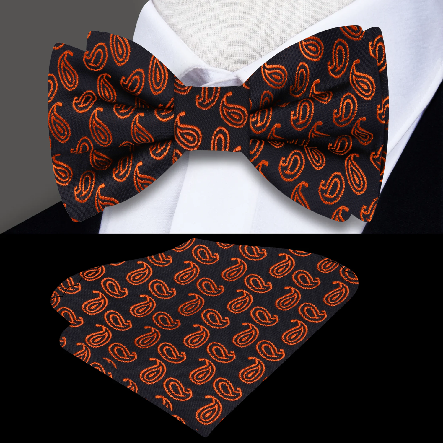 Black Orange Paisley Bow Tie and Square