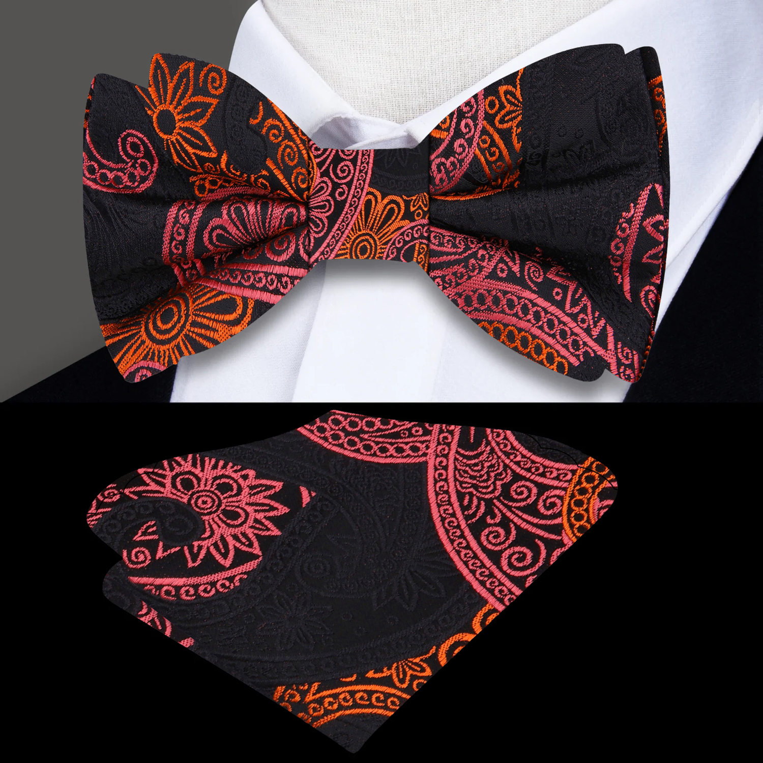 Black, Pink, Orange Paisley Bow Tie and Pocket Square