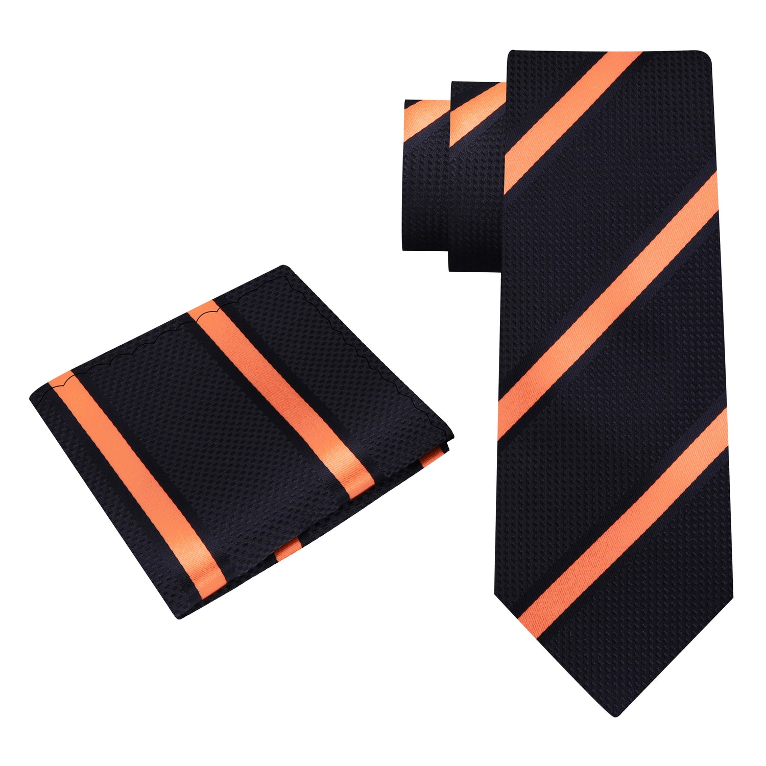 View 2: Black, Orange Stripe Tie and Matching Square ||Black, Orange