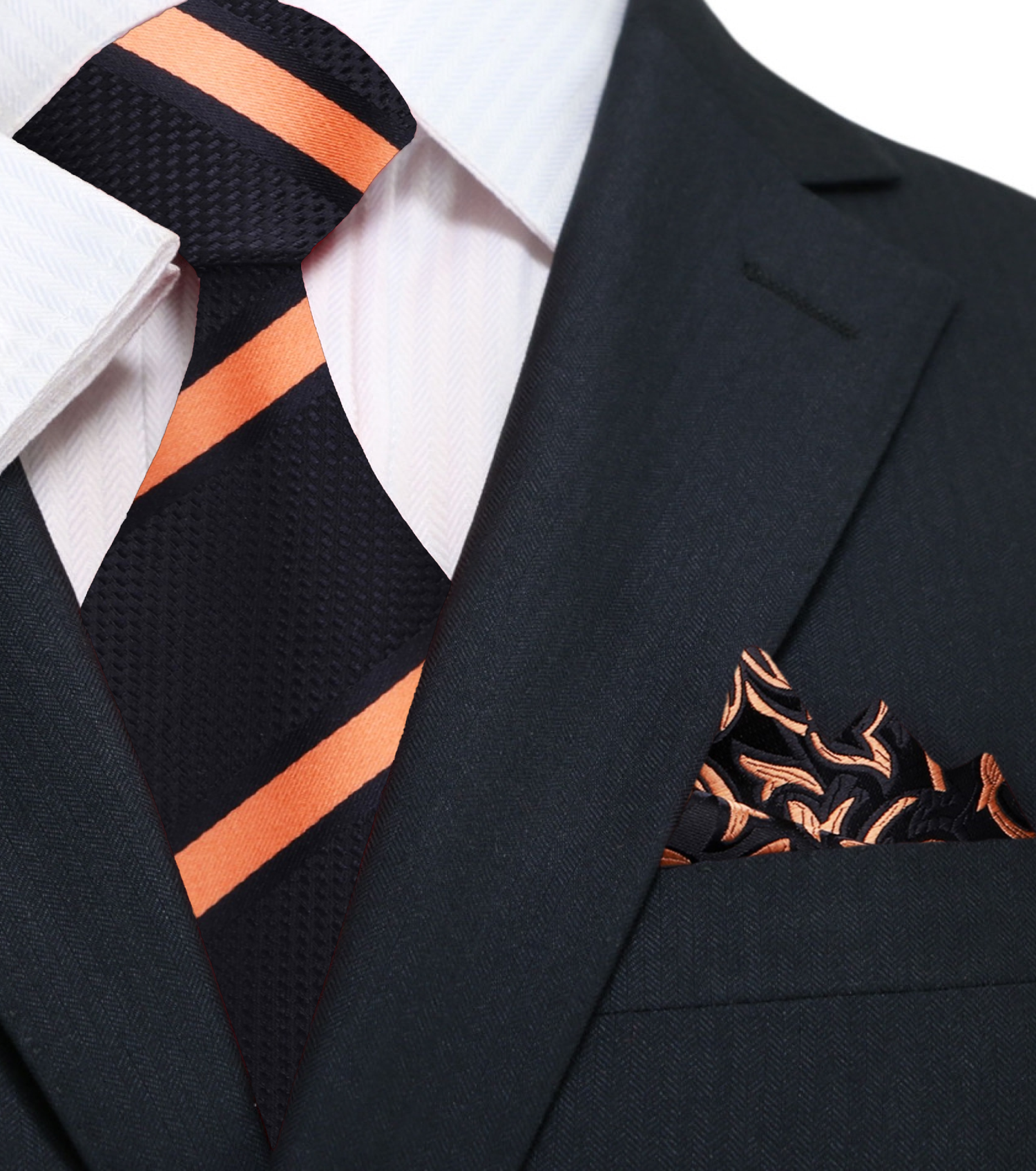Black, Orange Stripe Tie and Matching Square ||Black, Orange