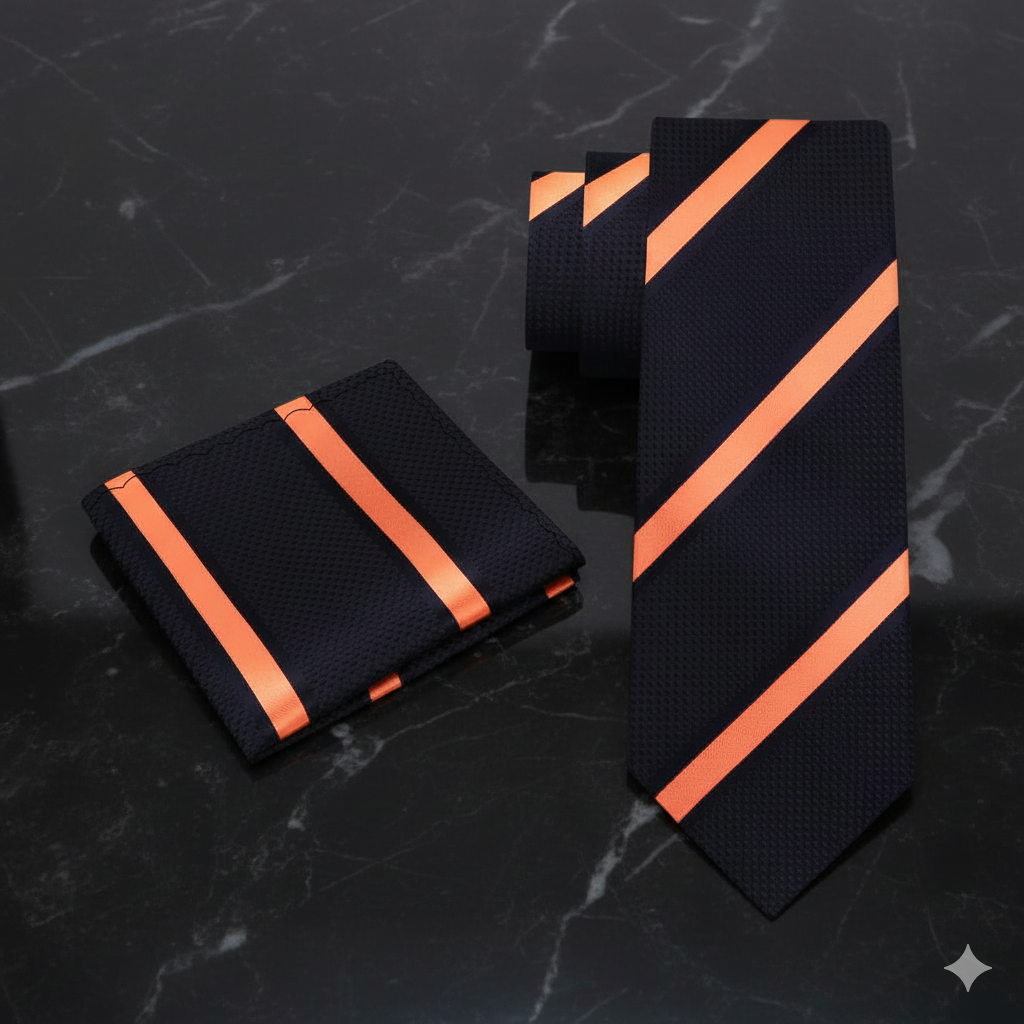 View 2: Black, Orange Stripe Tie and Matching Square ||Black, Orange