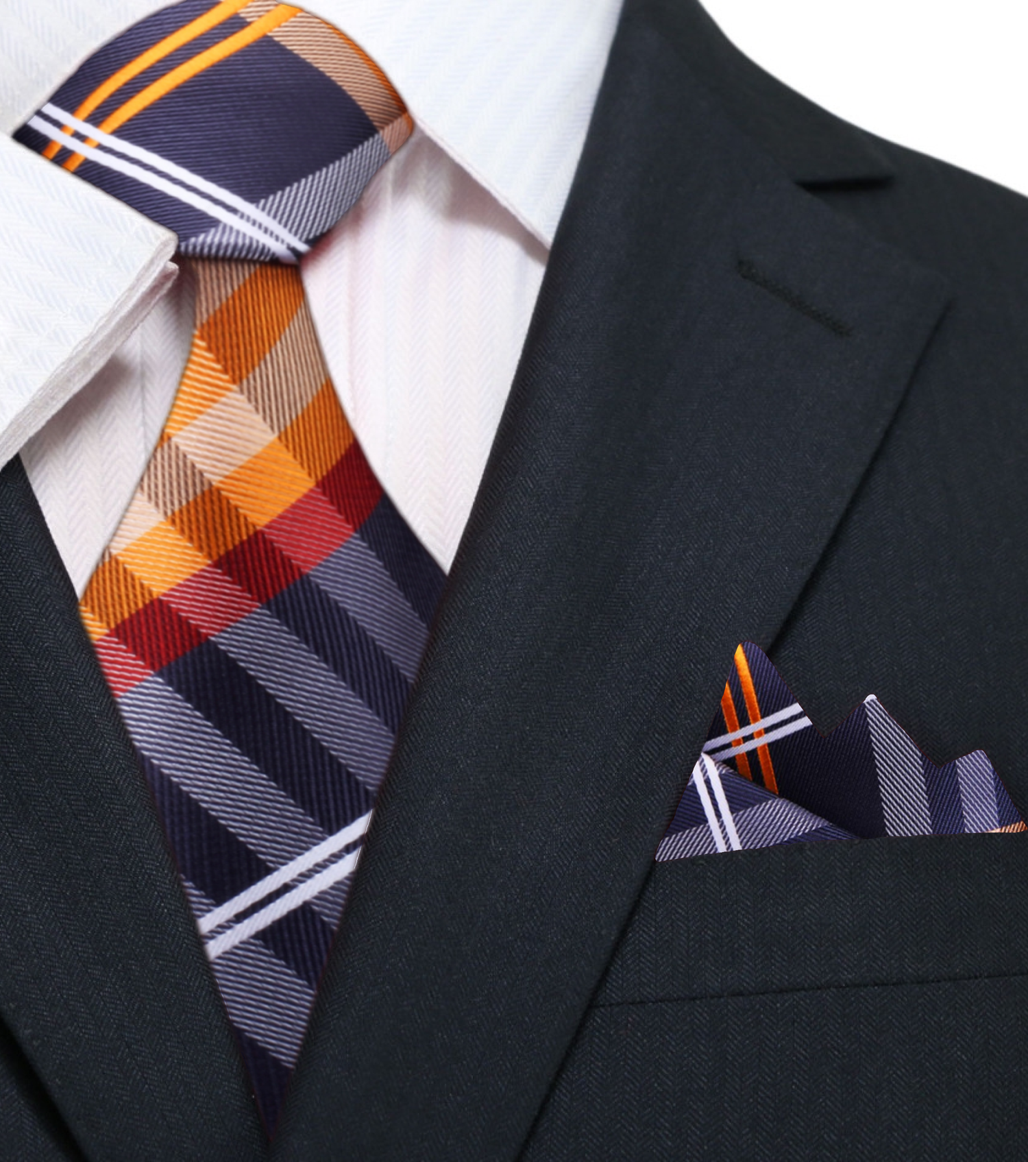 Main: Black, Orange Plaid Tie and Square||Orange, Black, White