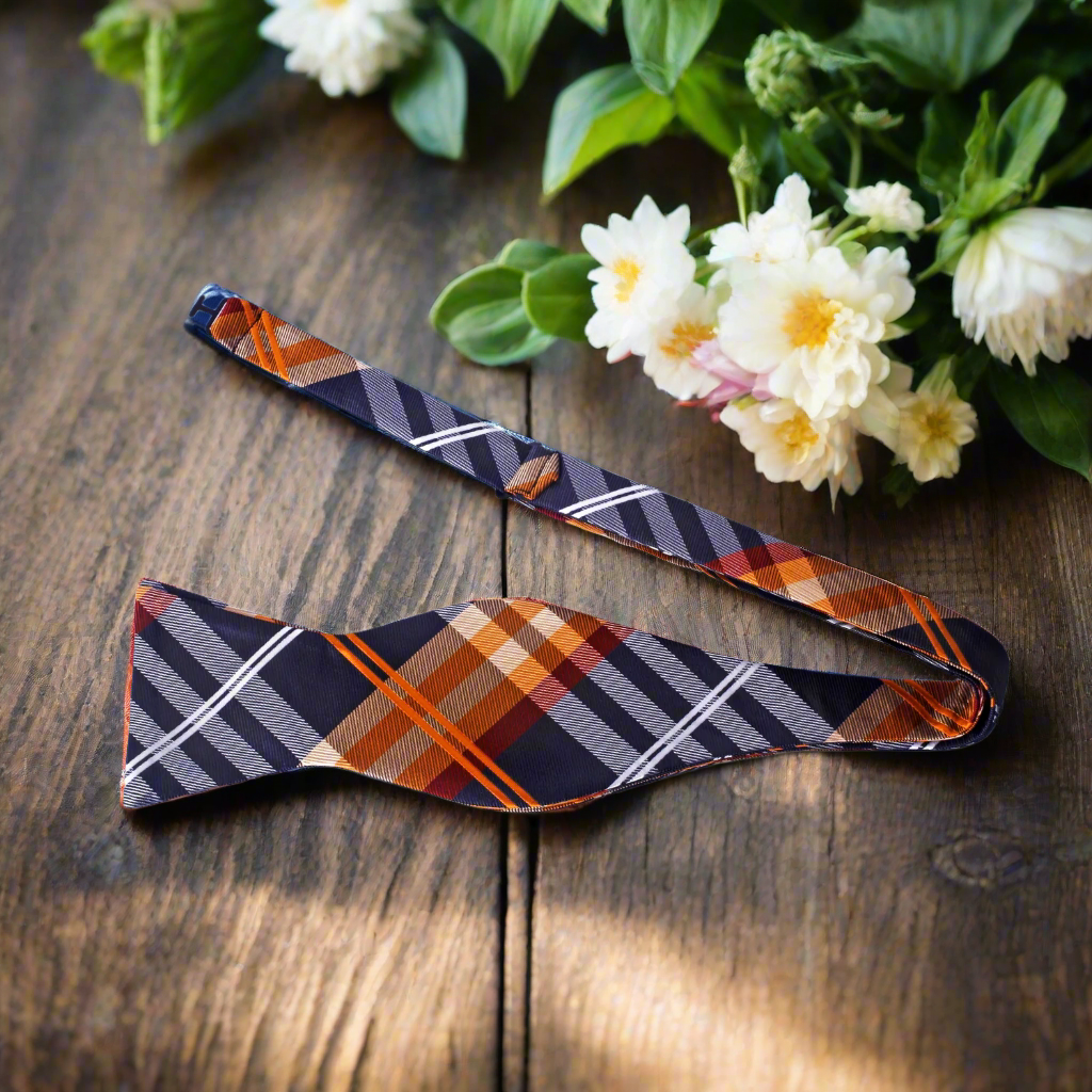 Black Orange White Accomplished Plaid Self Tie Bow Tie