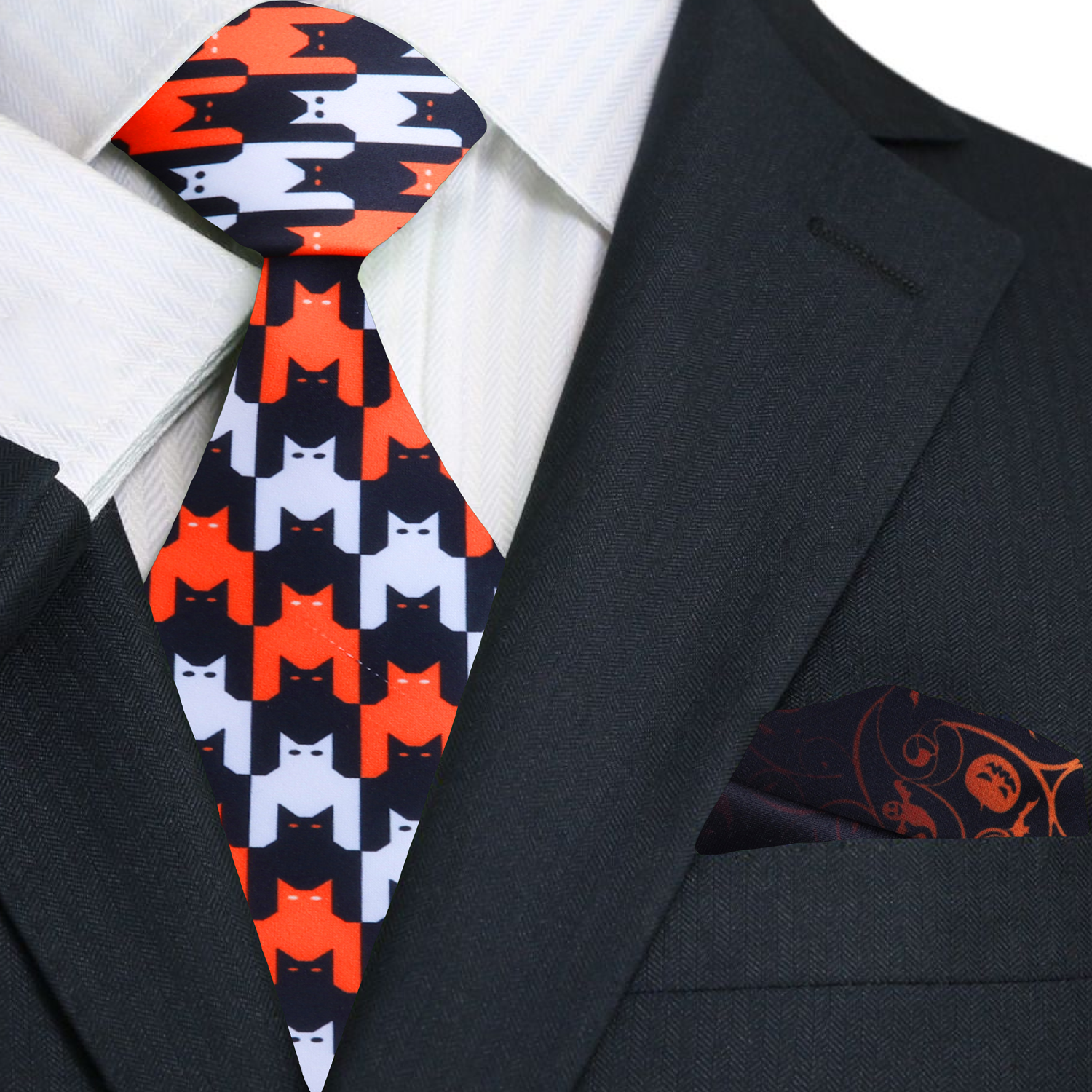 Black, Orange and White Bats and Cats Necktie and Accenting Square