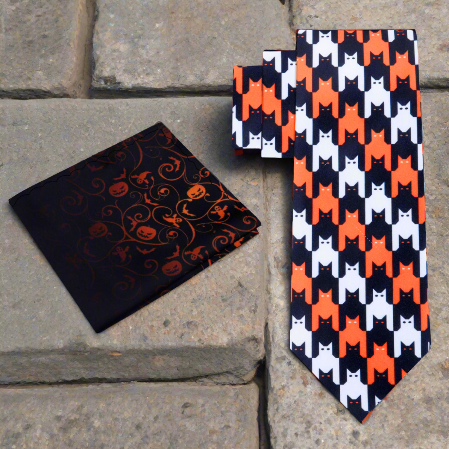 Alt Black, Orange and White Bats and Cats Necktie and Accenting Square